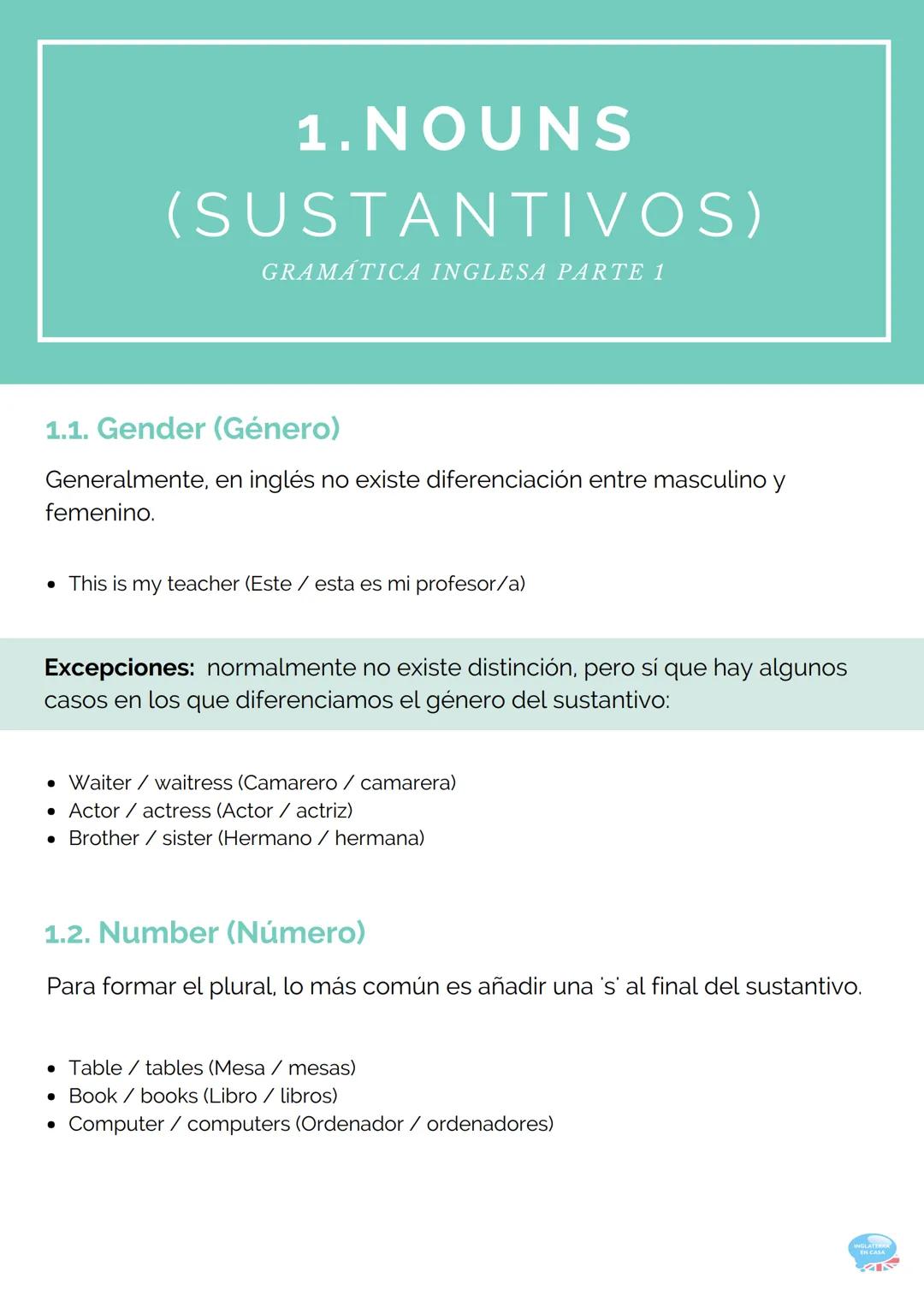 1. NOUNS
(SUSTANTIVOS)
GRAMÁTICA INGLESA PARTE 1
1.1. Gender (Género)
Generalmente, en inglés no existe diferenciación entre masculino y
fem