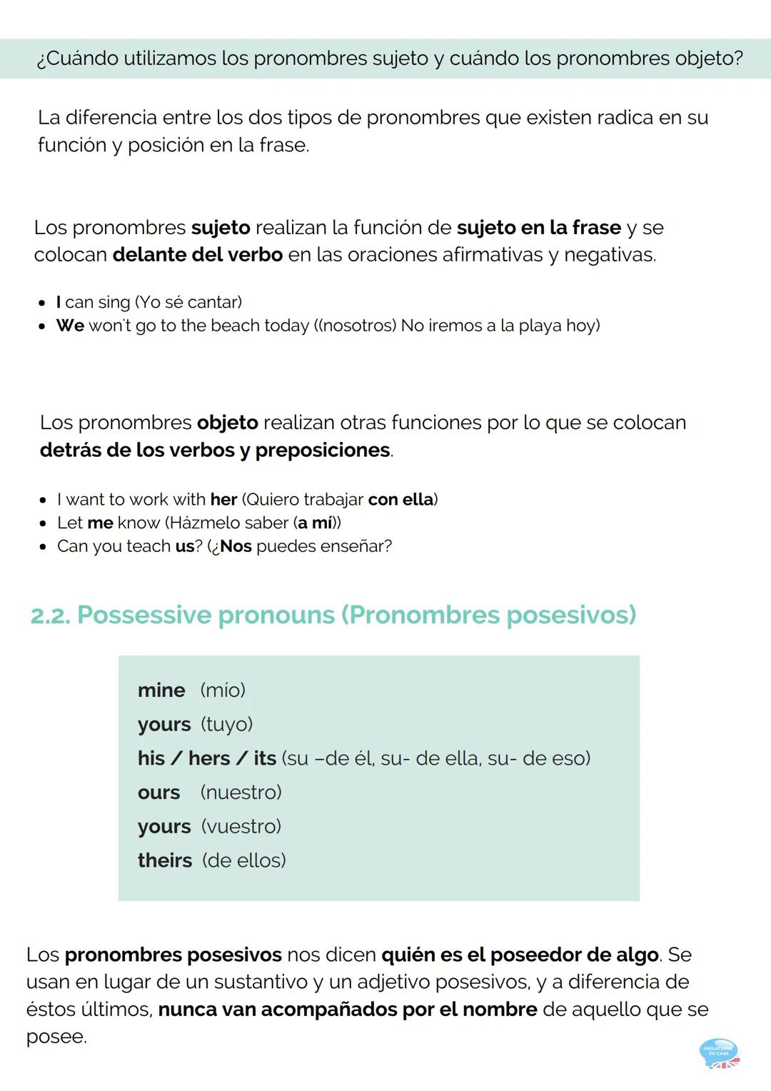 2.PRONOUNS
(PRONOMBRES)
GRAMÁTICA INGLESA PARTE 2
2.1. Personal pronouns (Pronombres personales)
Los pronombres personales se refieren a per