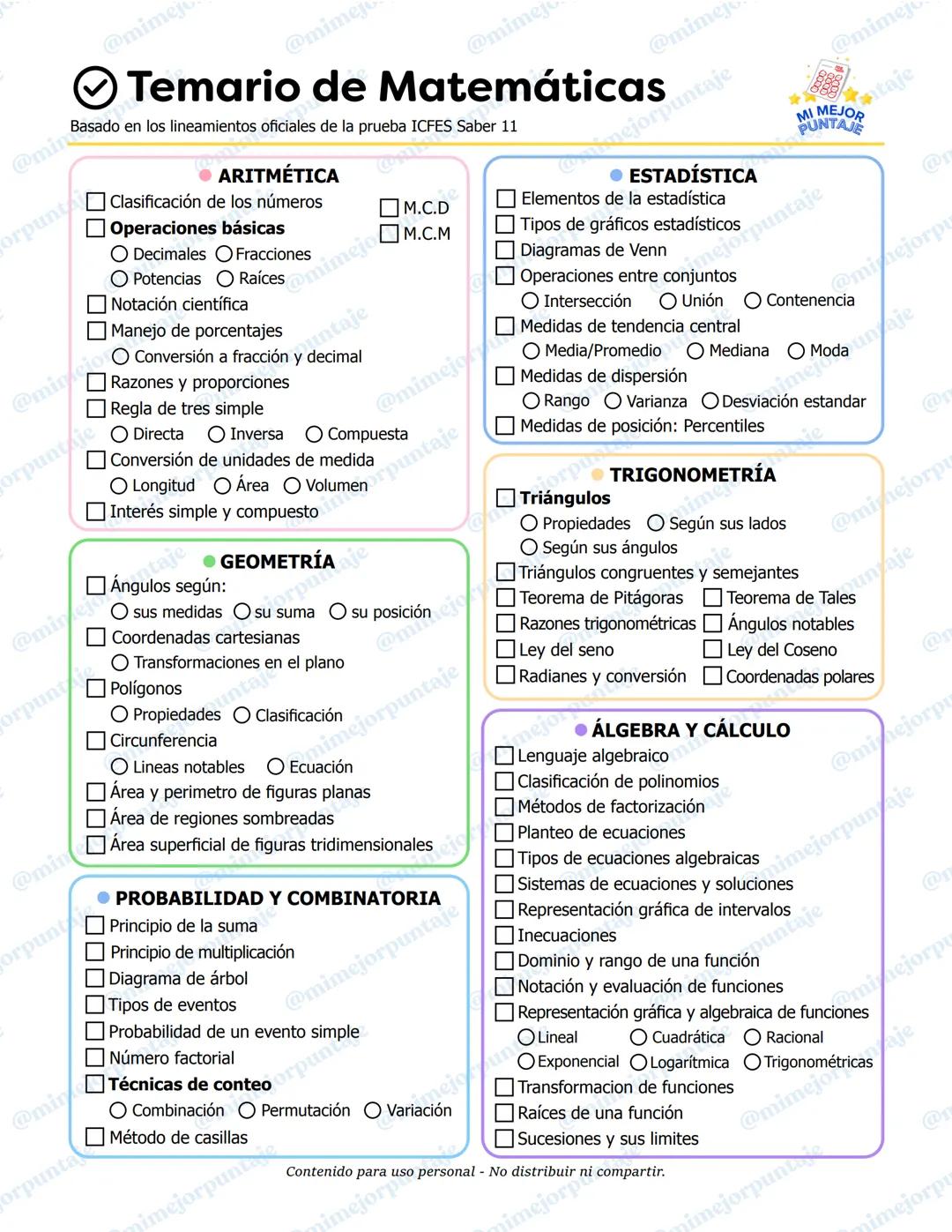 # Temario de Matemáticas
Basado en los lineamientos oficiales de la prueba ICFES Saber 11
## • ARITMÉTICA
- Clasificación de los números