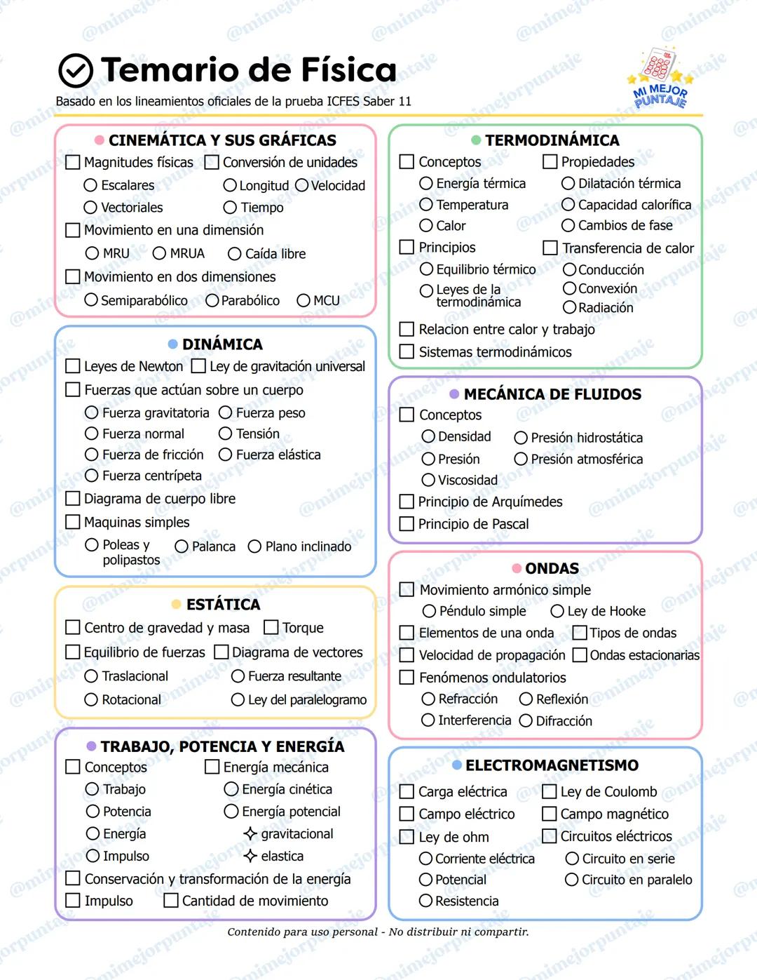 # Temario de Física
Basado en los lineamientos oficiales de la prueba ICFES Saber 11
## CINEMÁTICA Y SUS GRÁFICAS
- Magnitudes físicas -