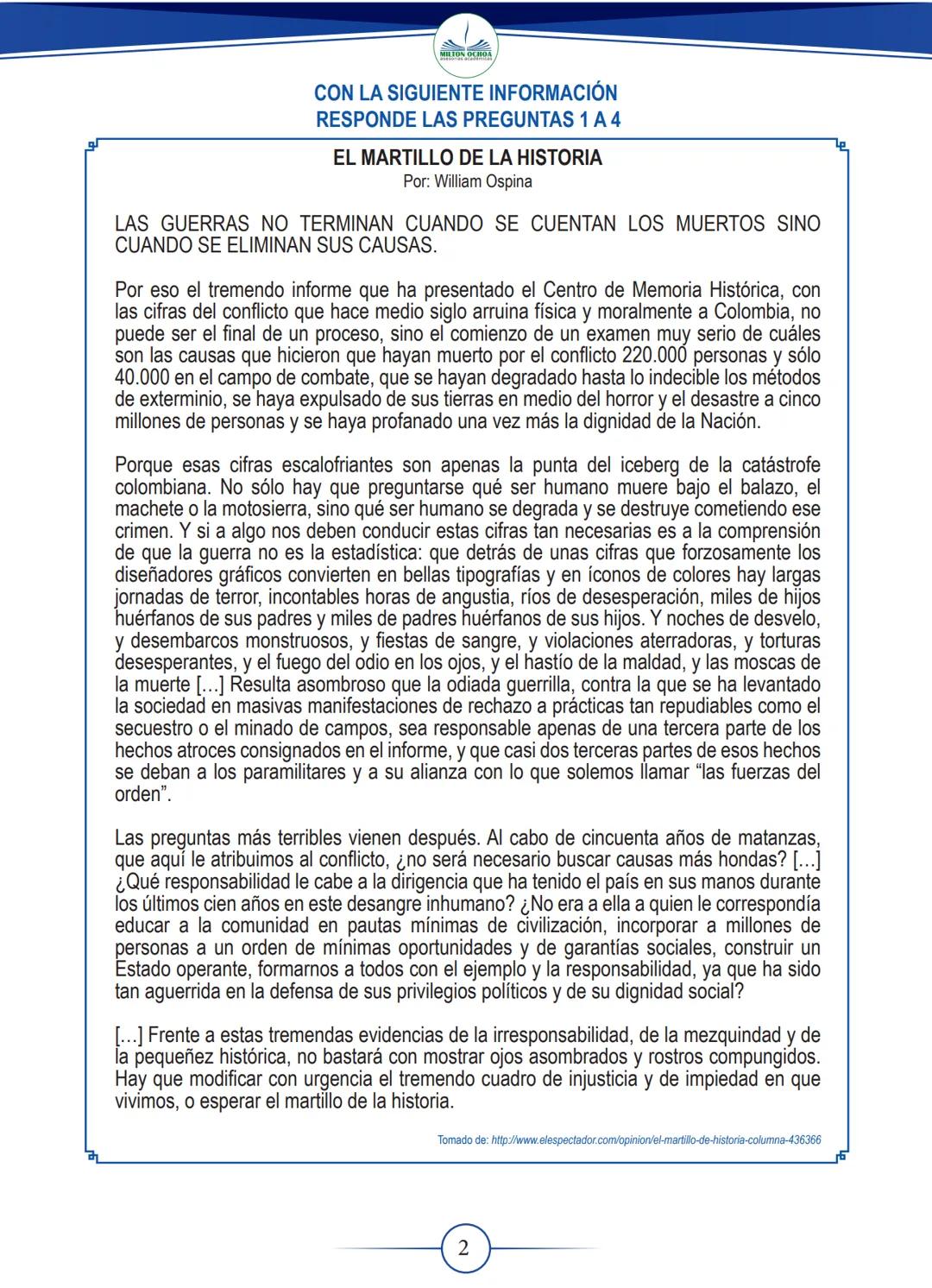 # DESCARGAS
GRADUADAS
lectura Crítica
GRADO
11 ## CON LA SIGUIENTE INFORMACIÓN
RESPONDE LAS PREGUNTAS 1 A 4
## EL MARTILLO DE LA HISTORI