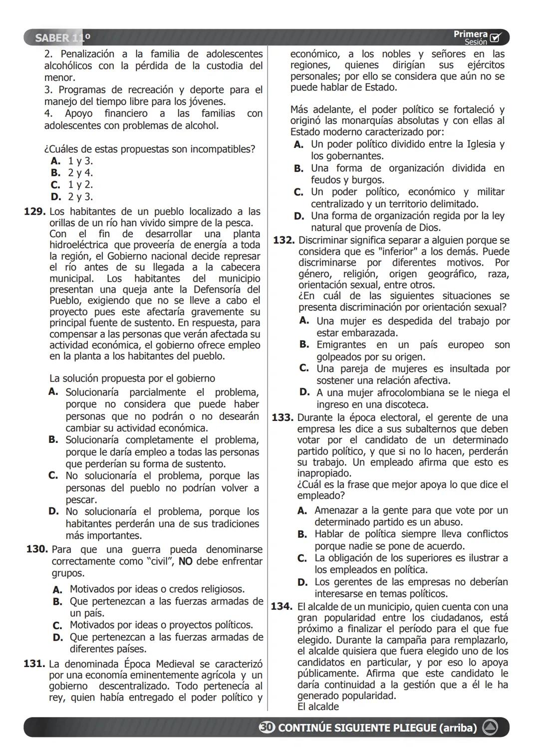 SABER 11° PRUEBA DE CIENCIAS SOCIALES Y COMPETENCIAS CIUDADANAS Primera
Sesión
124. A propósito de una serie de protestas estudiantes
ocurri