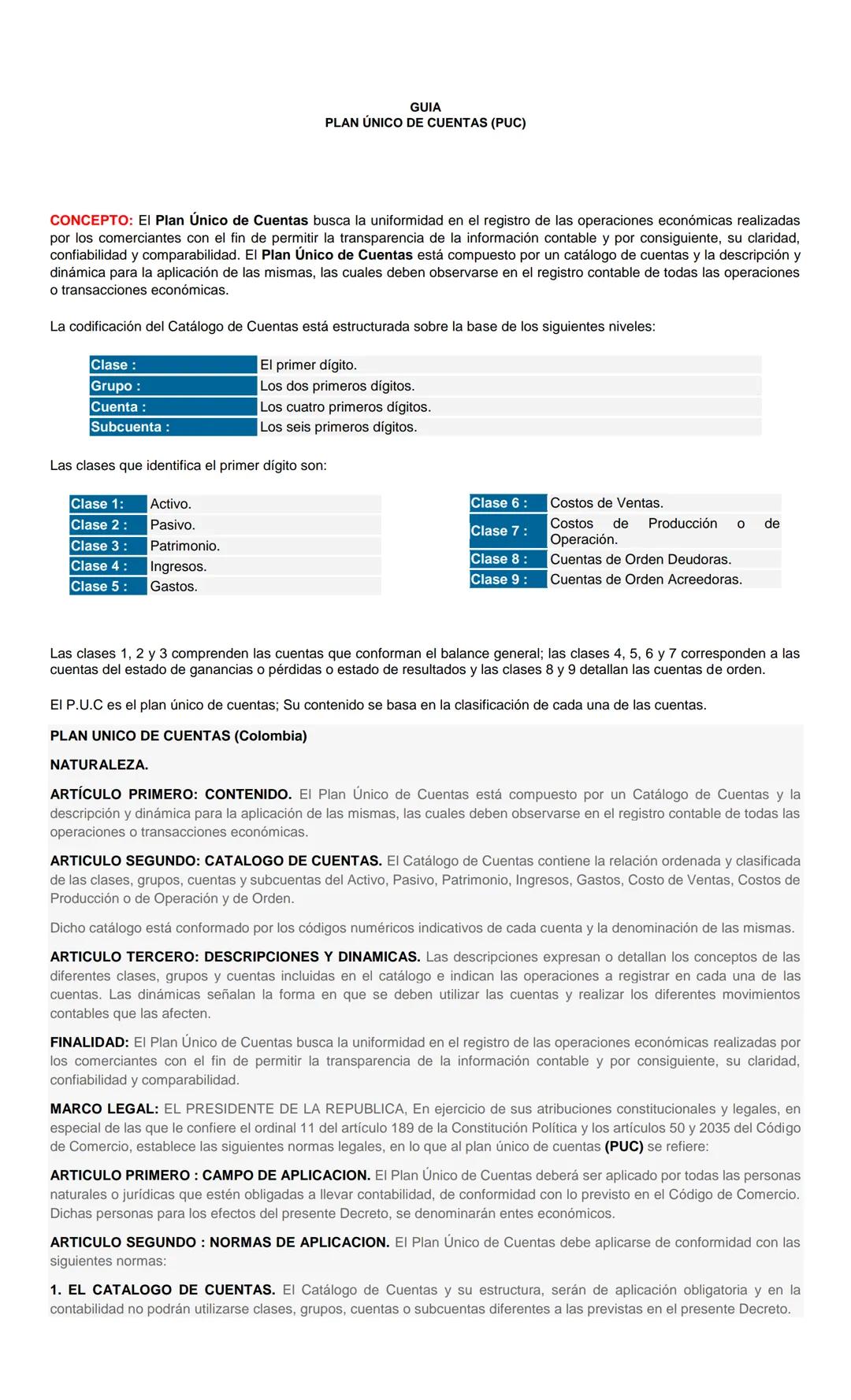 Plan único de cuentas (cup) contabilidad