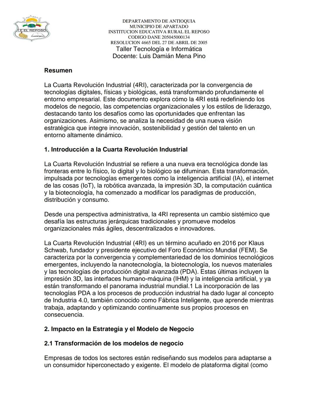## EEL REPOSO
DEPARTAMENTO DE ANTIOQUIA
MUNICIPIO DE APARTADO
INSTITUCION EDUCATIVA RURAL EL REPOSO
CODIGO DANE 205045000134
RESOLUCION 466