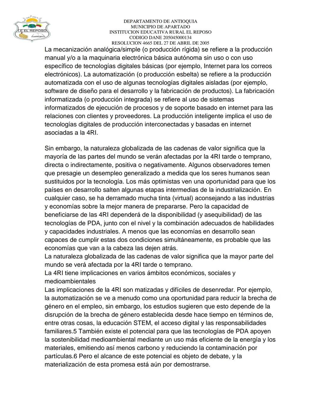 ## EEL REPOSO
DEPARTAMENTO DE ANTIOQUIA
MUNICIPIO DE APARTADO
INSTITUCION EDUCATIVA RURAL EL REPOSO
CODIGO DANE 205045000134
RESOLUCION 466