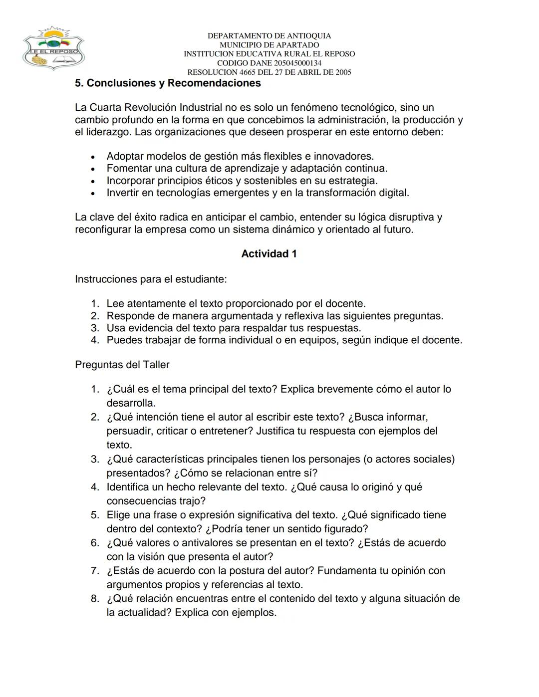 ## EEL REPOSO
DEPARTAMENTO DE ANTIOQUIA
MUNICIPIO DE APARTADO
INSTITUCION EDUCATIVA RURAL EL REPOSO
CODIGO DANE 205045000134
RESOLUCION 466