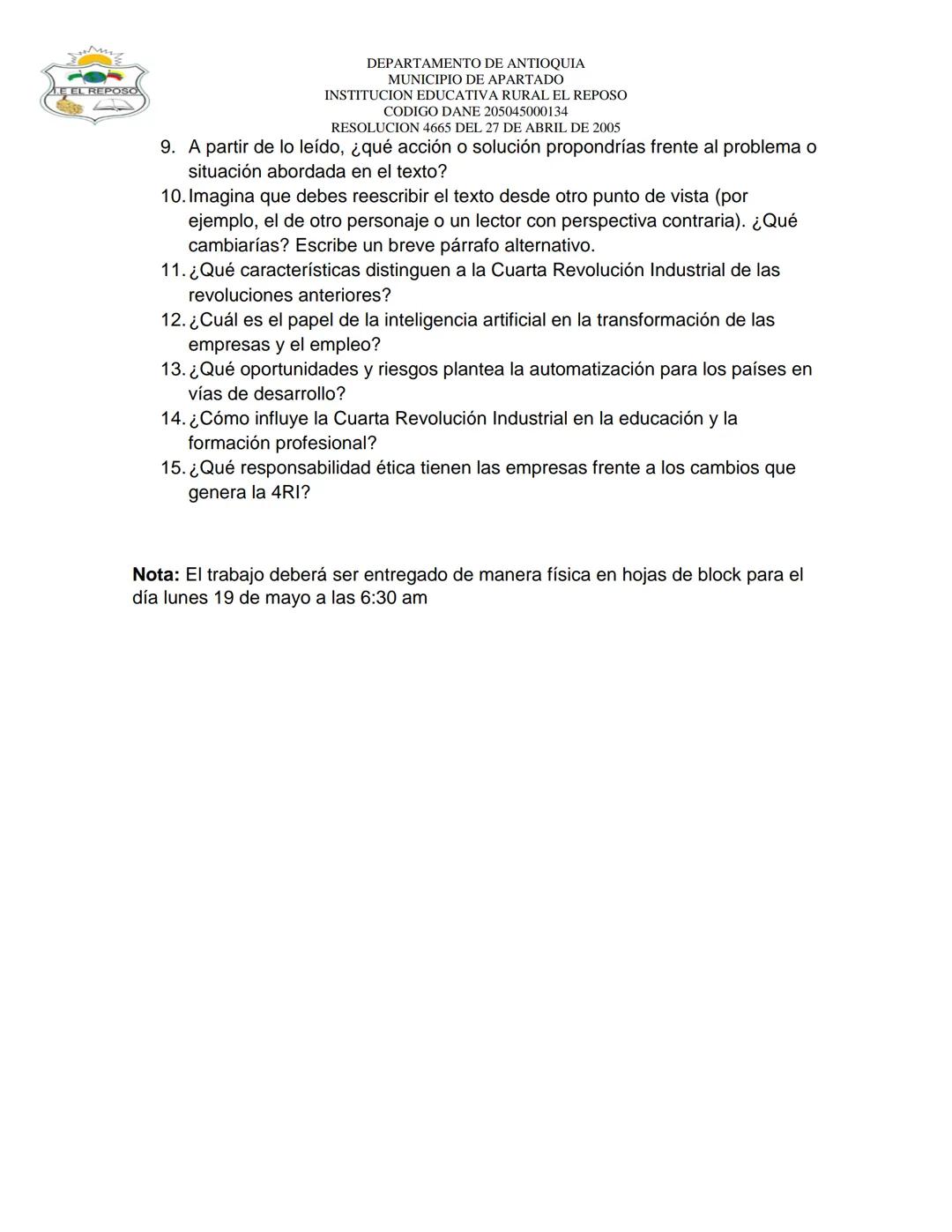 ## EEL REPOSO
DEPARTAMENTO DE ANTIOQUIA
MUNICIPIO DE APARTADO
INSTITUCION EDUCATIVA RURAL EL REPOSO
CODIGO DANE 205045000134
RESOLUCION 466