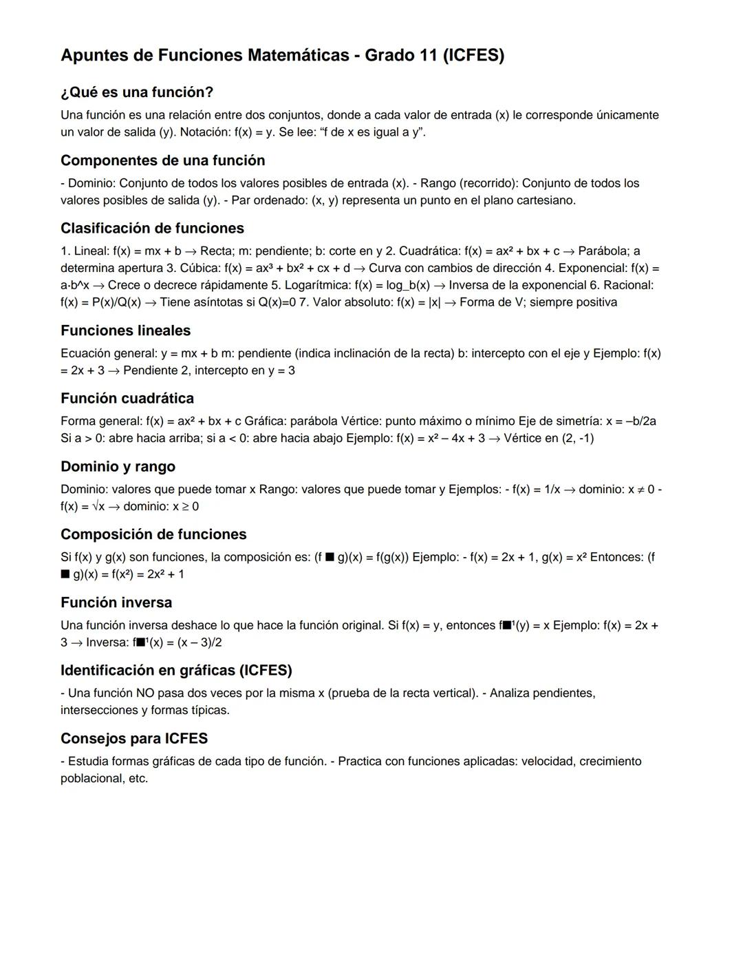 Apuntes de Funciones Matemáticas - Grado 11 (ICFES)
¿Qué es una función?
Una función es una relación entre dos conjuntos, donde a cada valor