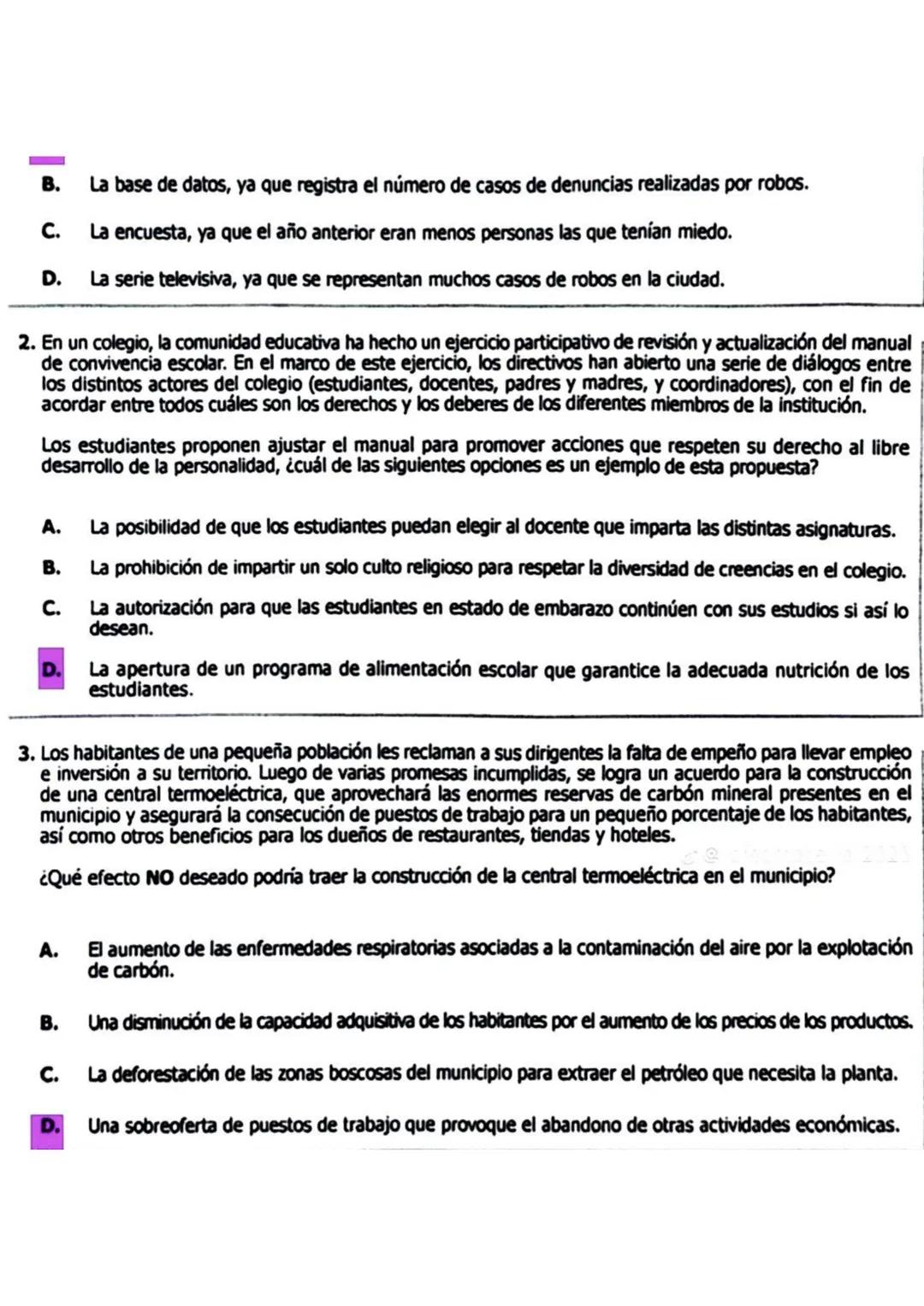 habrá dinero suficiente para ejecutar la obra.
¿Qué aspecto descrito anteriormente obstaculiza el desarrollo del acueducto?
A. El aspecto so