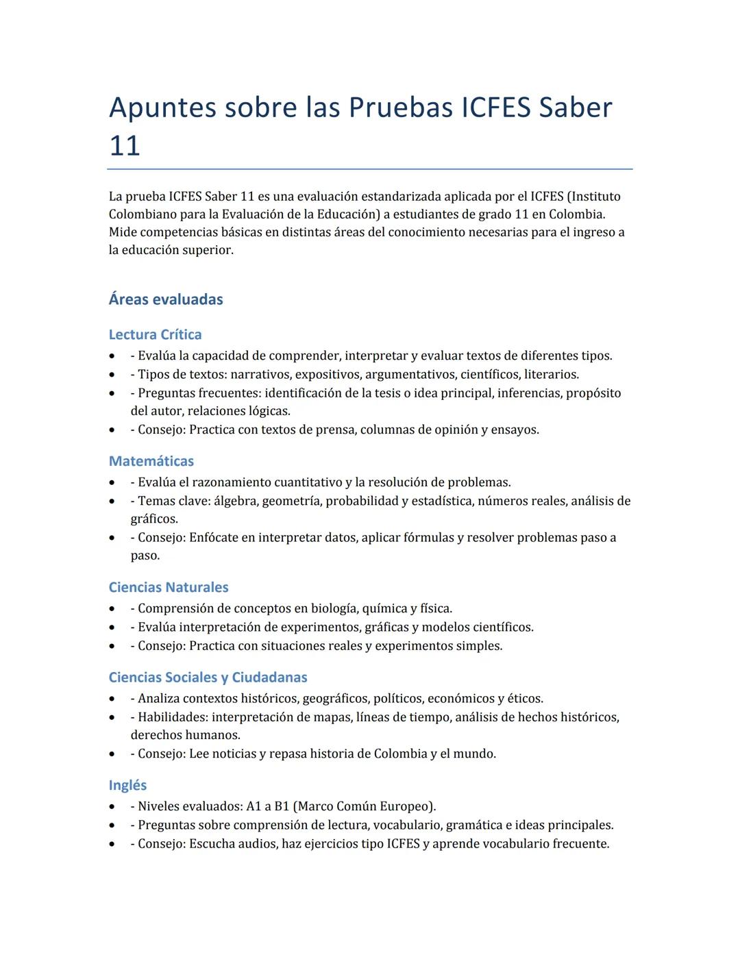 Apuntes sobre las Pruebas ICFES Saber
11
La prueba ICFES Saber 11 es una evaluación estandarizada aplicada por el ICFES (Instituto
Colombian