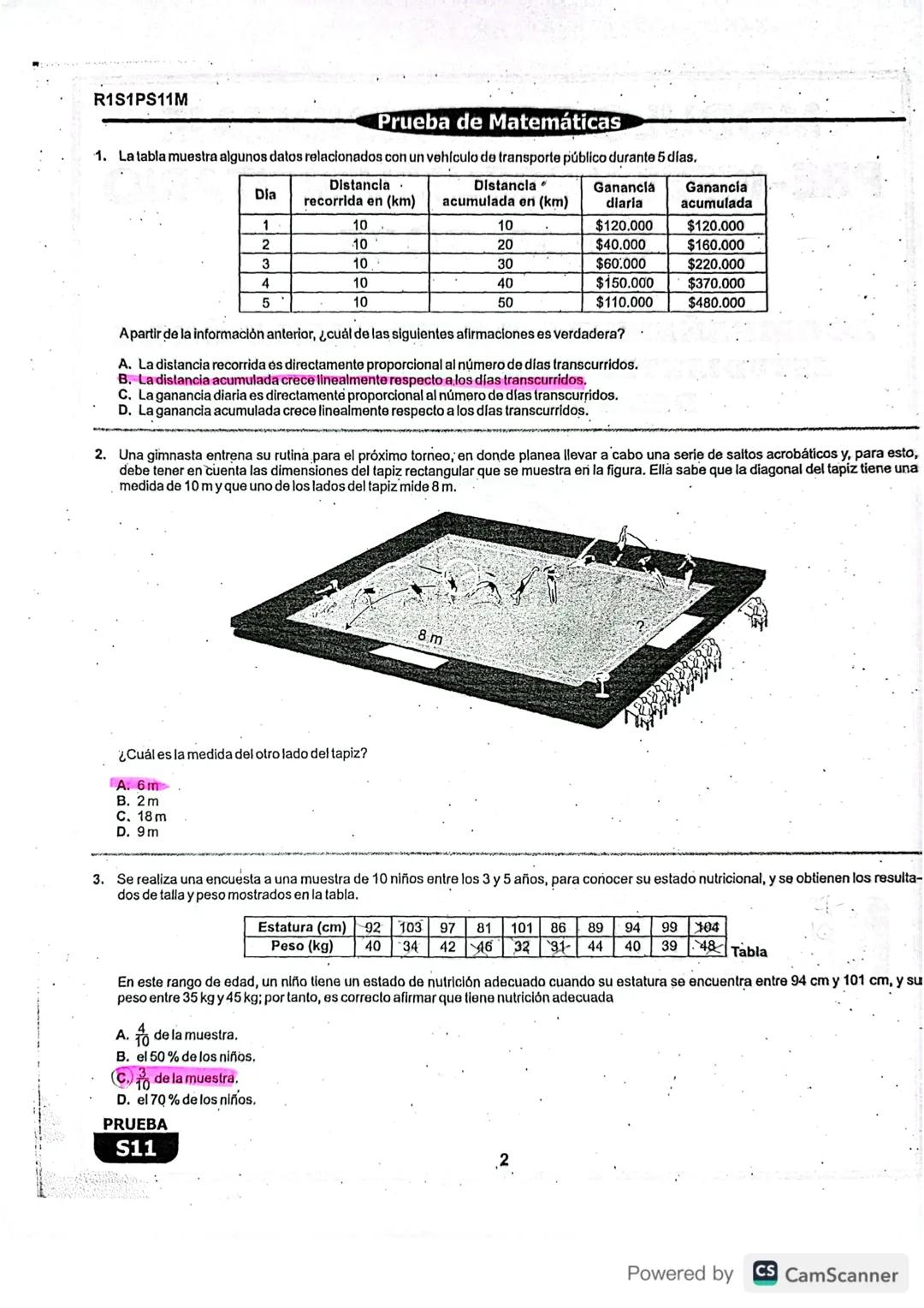 R1S1PS11M
Prueba de Matemáticas
1. La tabla muestra algunos datos relacionados con un vehículo de transporte público durante 5 días.
Dia
Dis