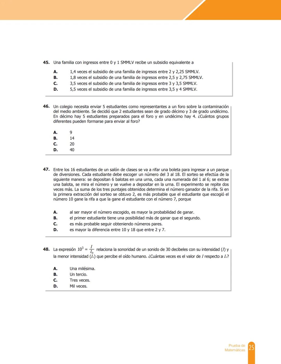 Cuadernillo de preguntas
Saber 11.°
Prueba de Matemáticas
MINEDUCACIÓN
icfes
mejor saber
TODOS POR UN
NUEVO PAÍS
PAZ EQUIDAD EDUCACION
icfes