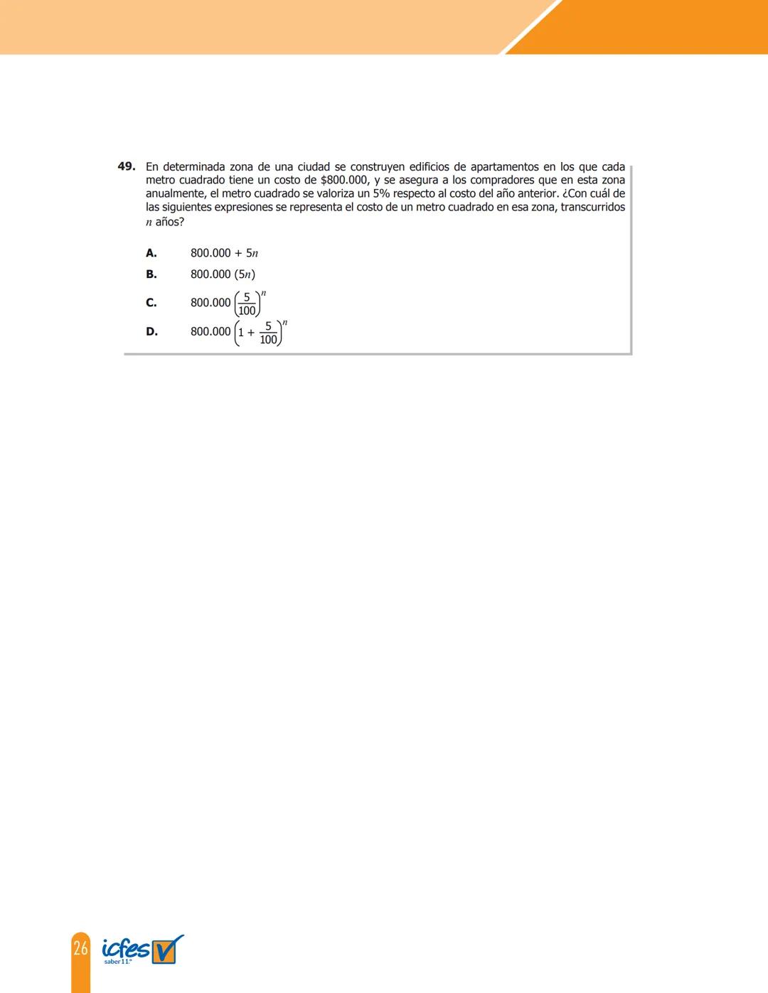 Cuadernillo de preguntas
Saber 11.°
Prueba de Matemáticas
MINEDUCACIÓN
icfes
mejor saber
TODOS POR UN
NUEVO PAÍS
PAZ EQUIDAD EDUCACION
icfes