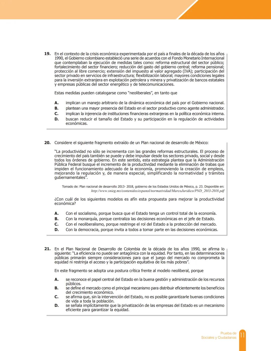 Cuadernillo de preguntas
Saber 11.°
Prueba de Sociales y Ciudadanas
MINEDUCACIÓN
icfes
mejor saber
TODOS POR UN
NUEVO PAÍS
PAZ EQUIDAD EDUCA