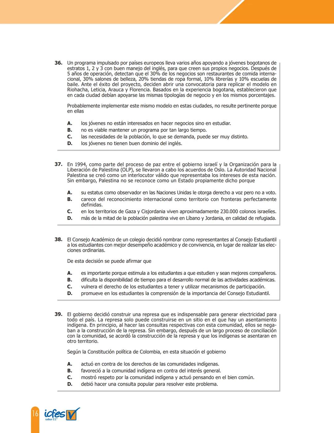 Cuadernillo de preguntas
Saber 11.°
Prueba de Sociales y Ciudadanas
MINEDUCACIÓN
icfes
mejor saber
TODOS POR UN
NUEVO PAÍS
PAZ EQUIDAD EDUCA