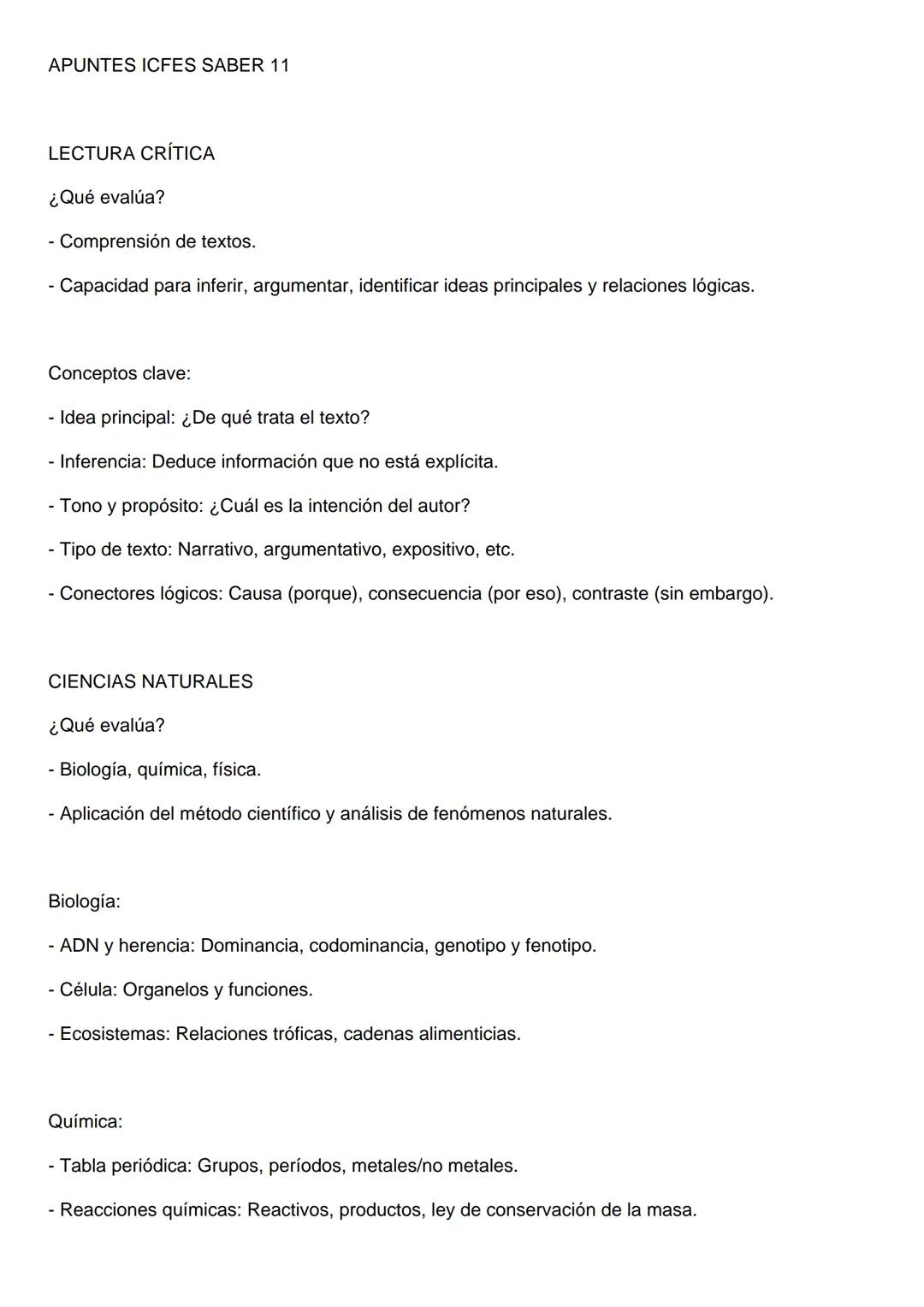 APUNTES ICFES SABER 11
LECTURA CRÍTICA
¿Qué evalúa?
- Comprensión de textos.
- Capacidad para inferir, argumentar, identificar ideas princip