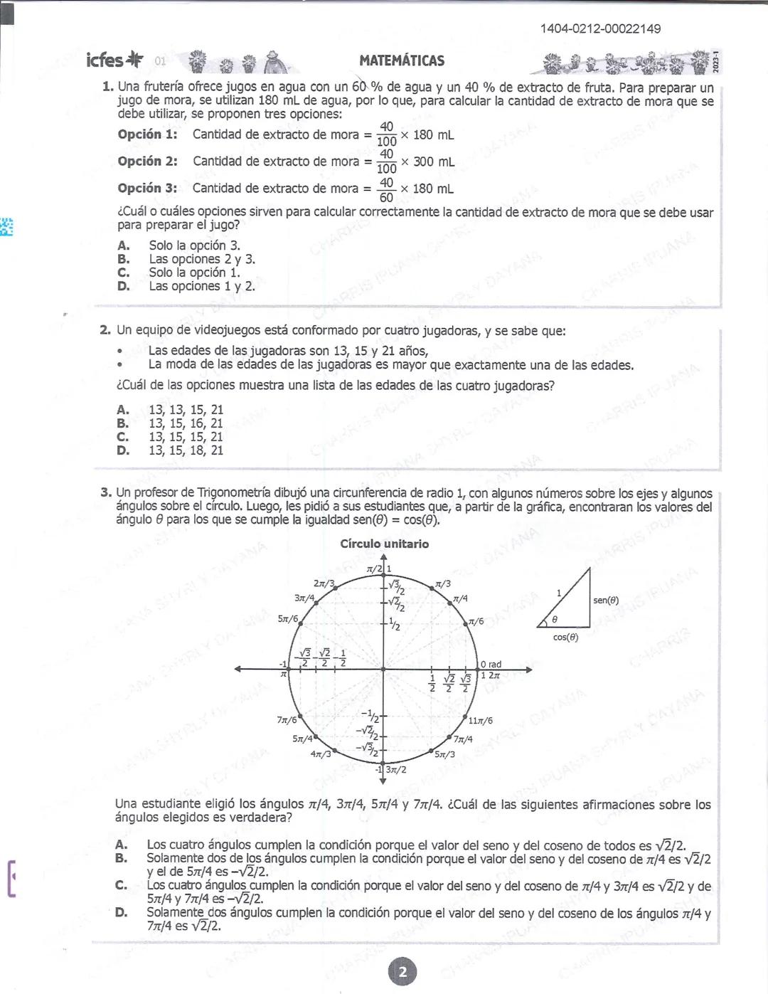 ## icfes 01
## MATEMÁTICAS
1404-0212-00022149
1. Una frutería ofrece jugos en agua con un 60% de agua y un 40% de extracto de fruta. Para pr