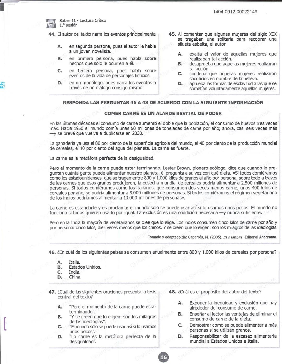 ## icfes 01
## MATEMÁTICAS
1404-0212-00022149
1. Una frutería ofrece jugos en agua con un 60% de agua y un 40% de extracto de fruta. Para pr