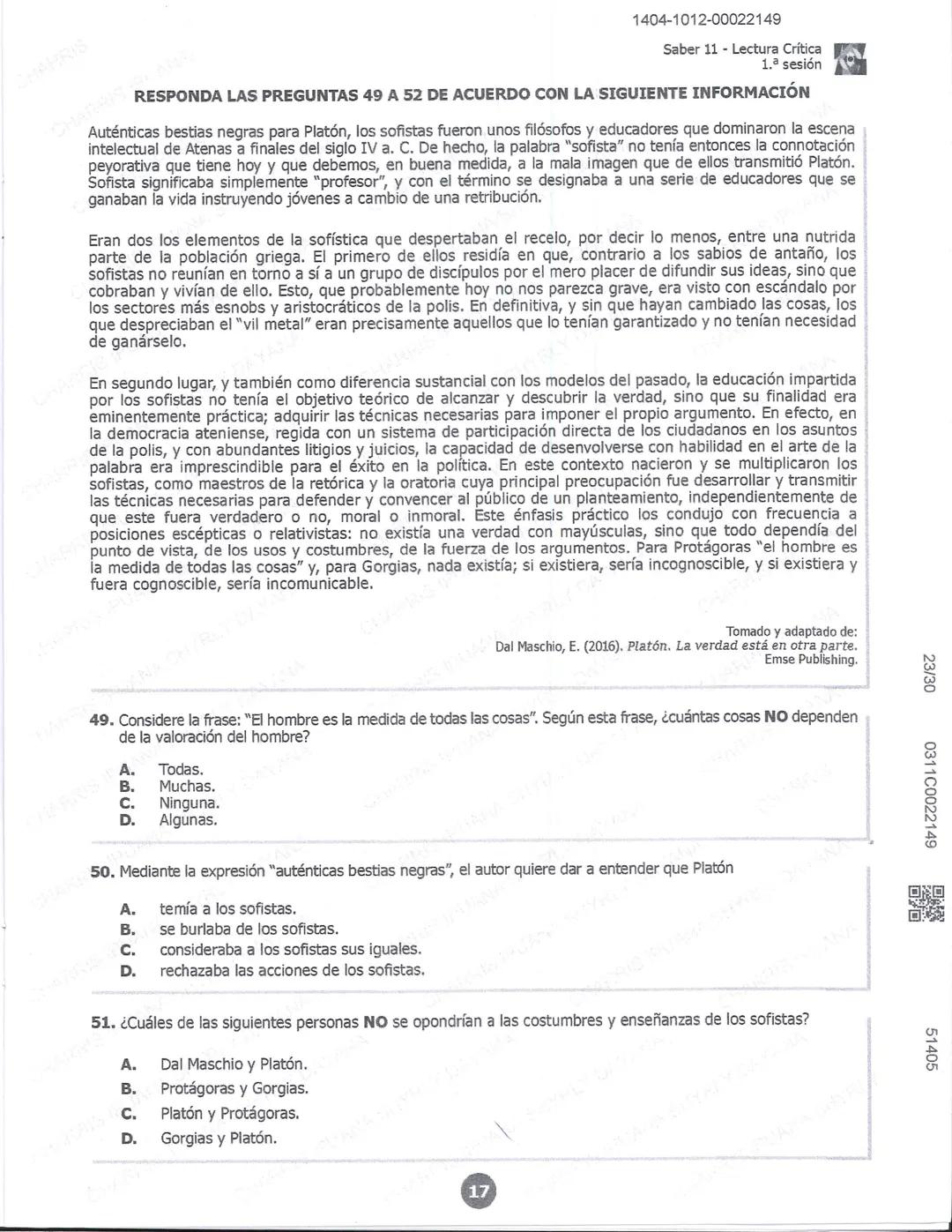 ## icfes 01
## MATEMÁTICAS
1404-0212-00022149
1. Una frutería ofrece jugos en agua con un 60% de agua y un 40% de extracto de fruta. Para pr