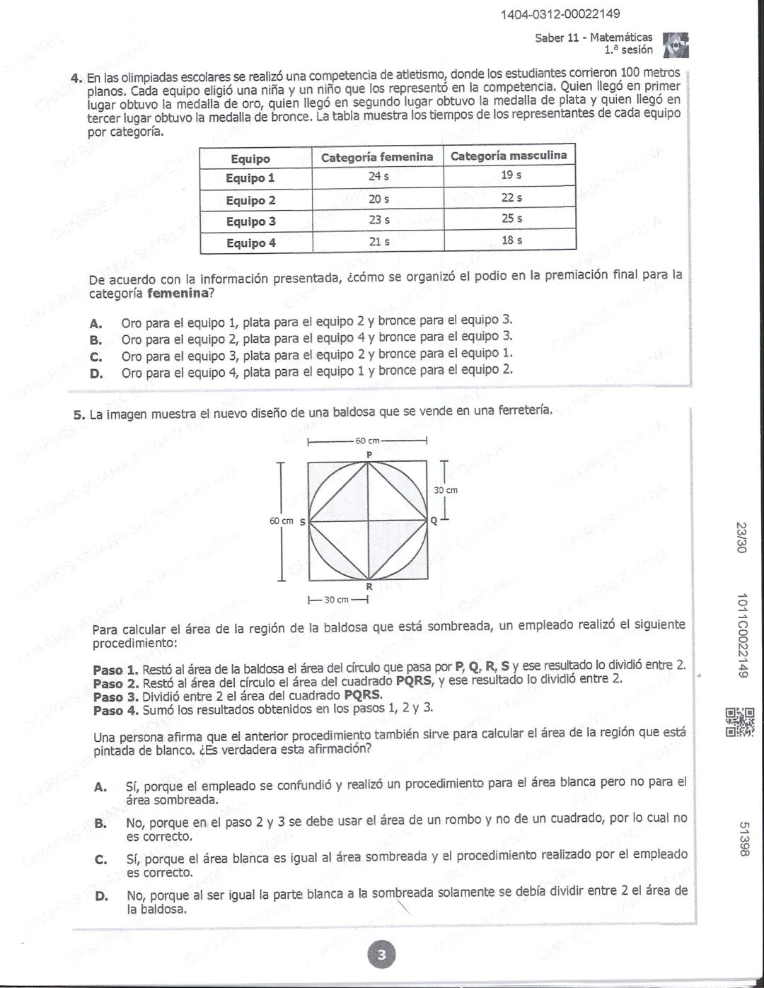 ## icfes 01
## MATEMÁTICAS
1404-0212-00022149
1. Una frutería ofrece jugos en agua con un 60% de agua y un 40% de extracto de fruta. Para pr