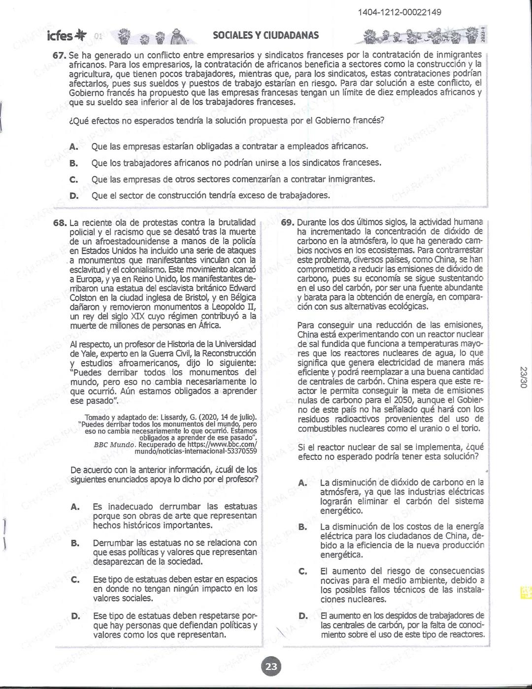 ## icfes 01
## MATEMÁTICAS
1404-0212-00022149
1. Una frutería ofrece jugos en agua con un 60% de agua y un 40% de extracto de fruta. Para pr