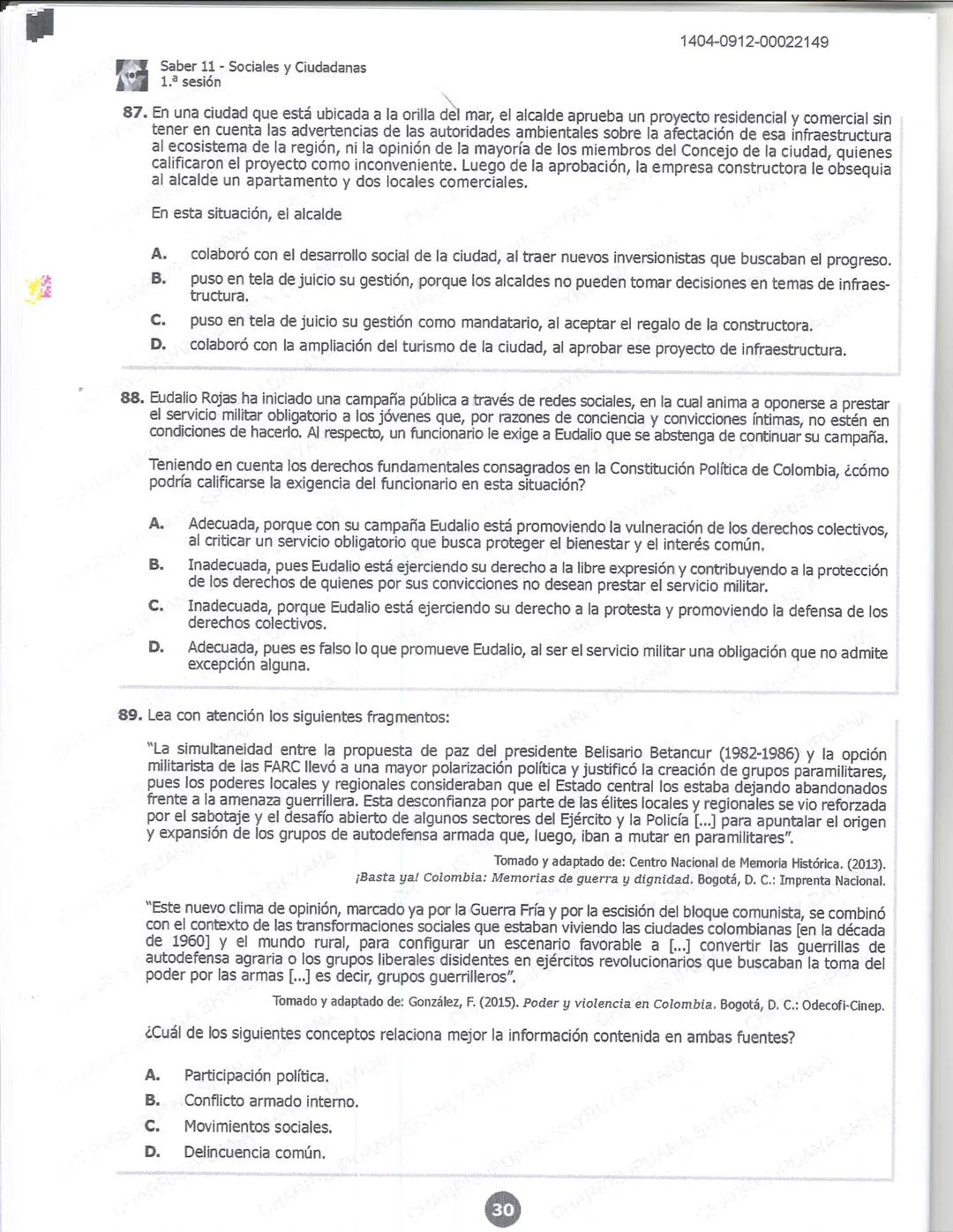 ## icfes 01
## MATEMÁTICAS
1404-0212-00022149
1. Una frutería ofrece jugos en agua con un 60% de agua y un 40% de extracto de fruta. Para pr