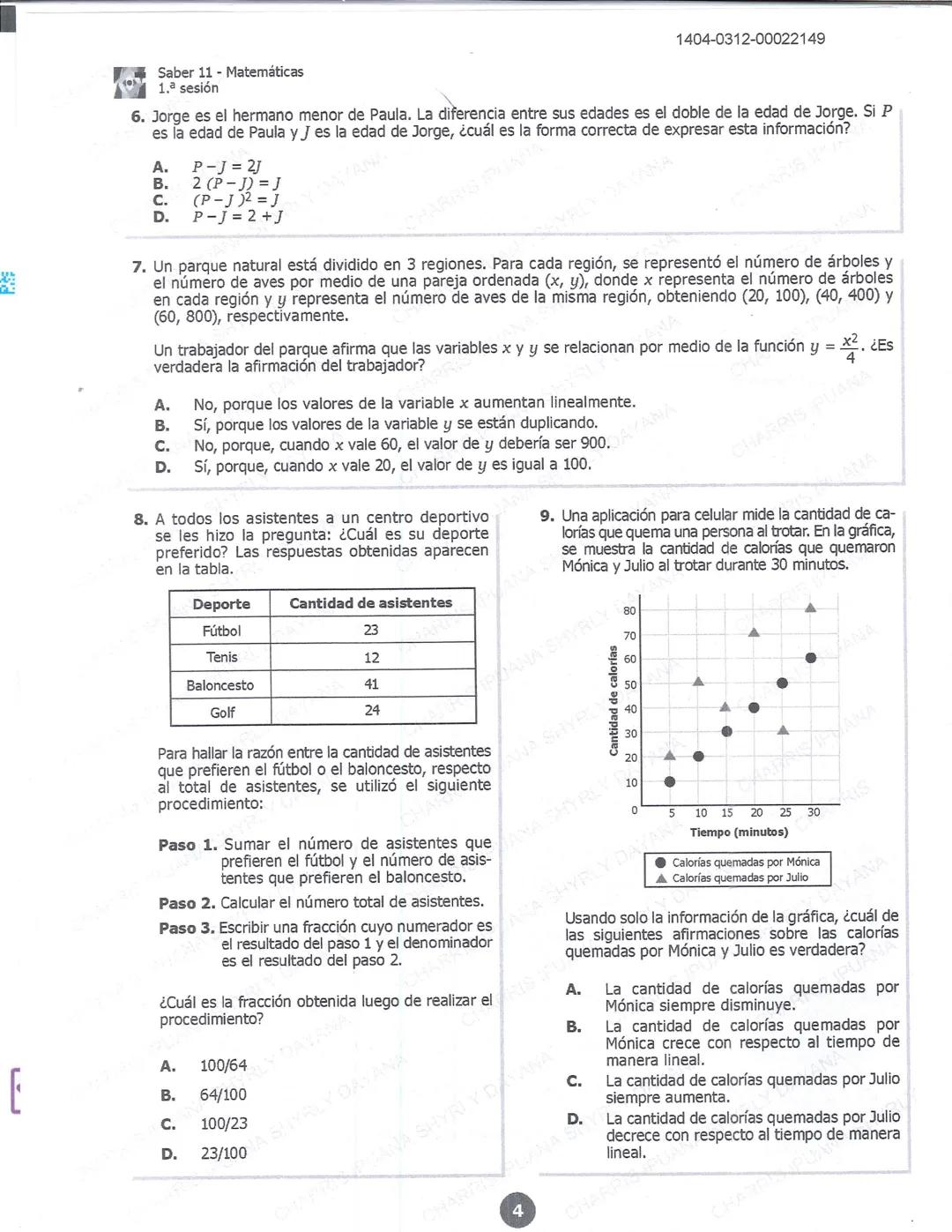 ## icfes 01
## MATEMÁTICAS
1404-0212-00022149
1. Una frutería ofrece jugos en agua con un 60% de agua y un 40% de extracto de fruta. Para pr