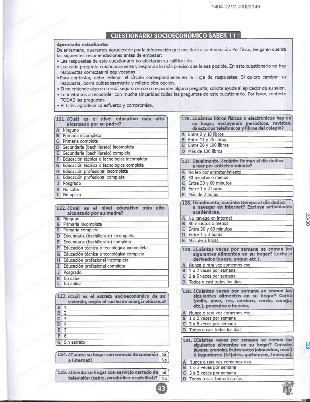 ## icfes 01
## MATEMÁTICAS
1404-0212-00022149
1. Una frutería ofrece jugos en agua con un 60% de agua y un 40% de extracto de fruta. Para pr