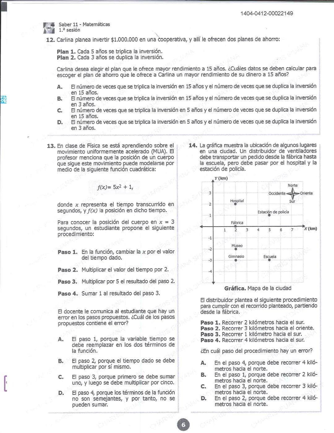 ## icfes 01
## MATEMÁTICAS
1404-0212-00022149
1. Una frutería ofrece jugos en agua con un 60% de agua y un 40% de extracto de fruta. Para pr