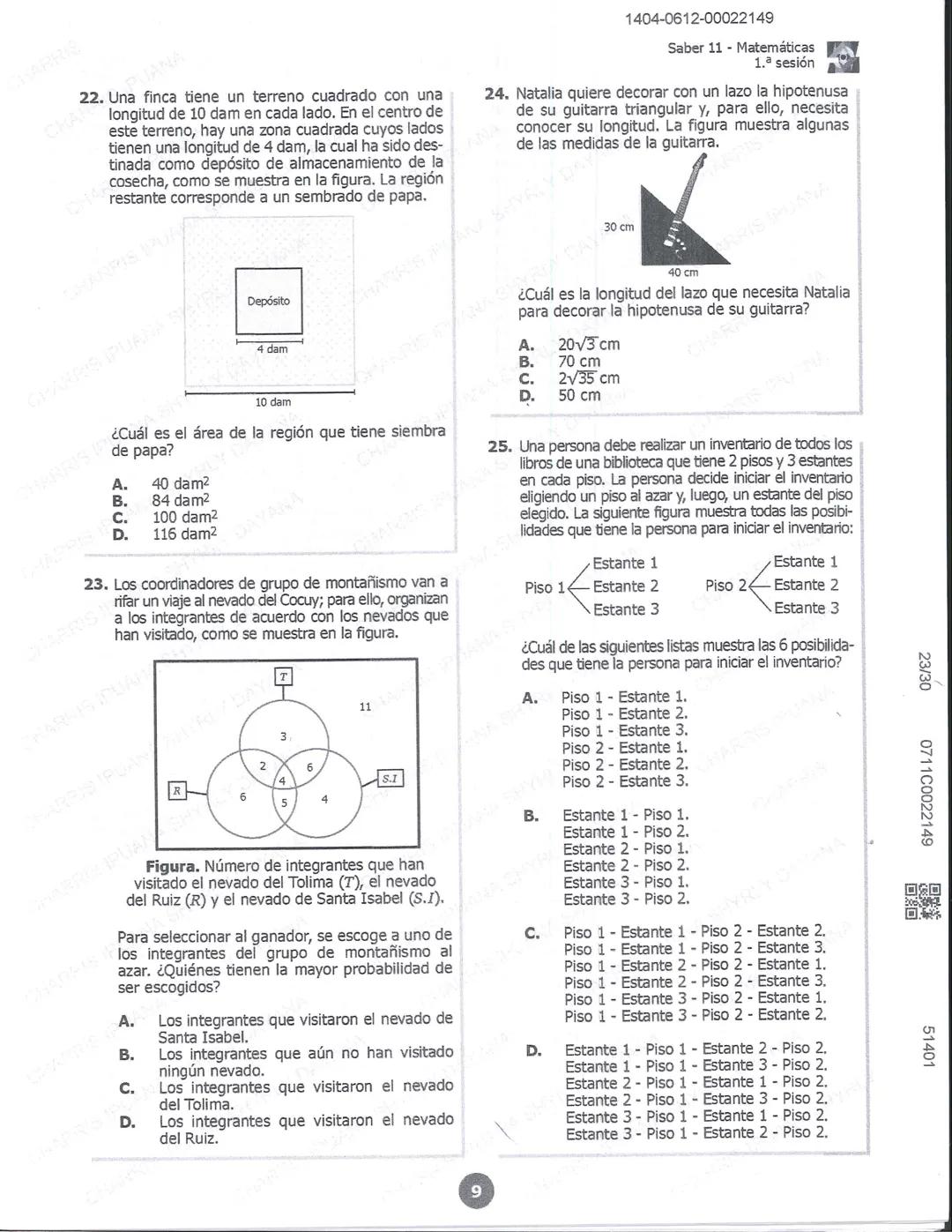 ## icfes 01
## MATEMÁTICAS
1404-0212-00022149
1. Una frutería ofrece jugos en agua con un 60% de agua y un 40% de extracto de fruta. Para pr