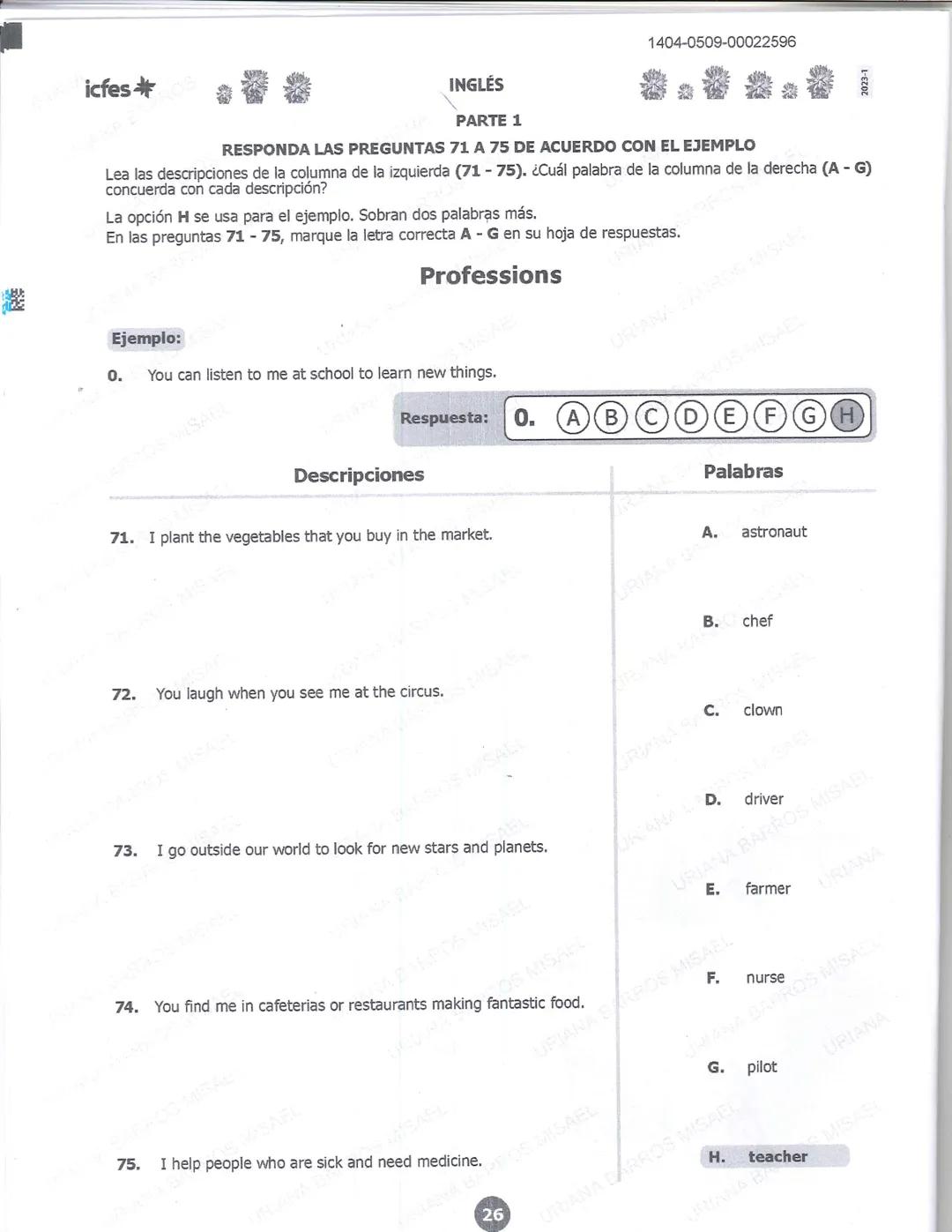 ## icfes
DCAC202312P00038761029
000865969
1404-0209-00022596
AC202311103886
Examen
## Saber 11°
20231
INDIVIDUALES icfes
### Páramo