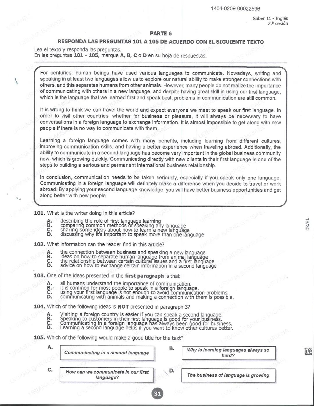 ## icfes
DCAC202312P00038761029
000865969
1404-0209-00022596
AC202311103886
Examen
## Saber 11°
20231
INDIVIDUALES icfes
### Páramo