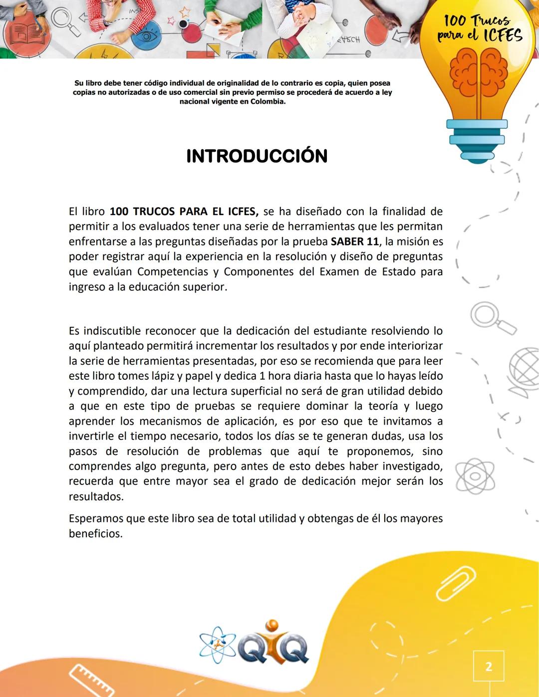 --- OCR Start ---
e
45CH
100 TRUCOS
PARA EL ICFES
SABER 11°
Edición en cartilla
Versión 2020
Derechos reservados de autor por QIQ
Prohibida
