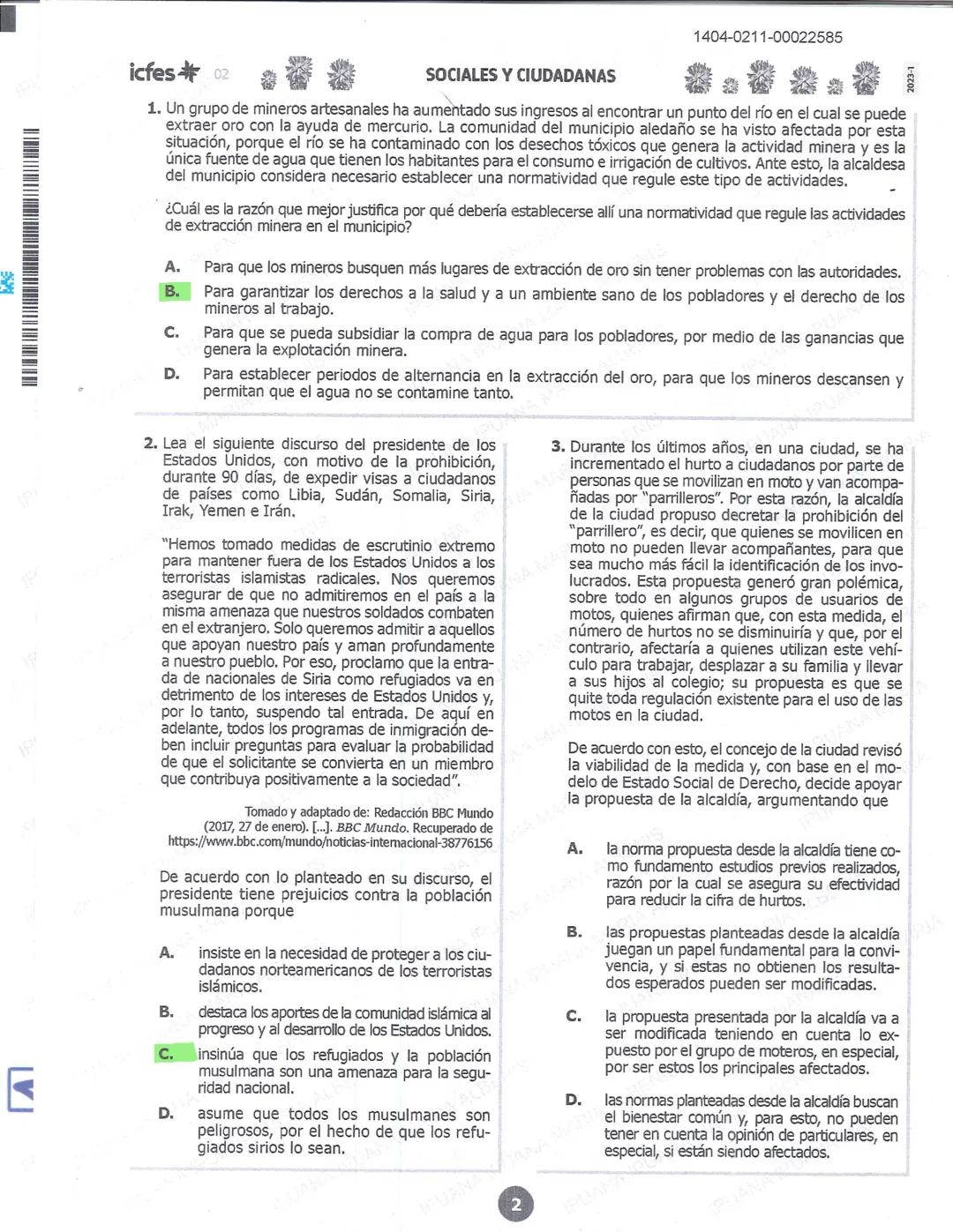 1404-0211-00022585
icfes 02
SOCIALES Y CIUDADANAS
1. Un grupo de mineros artesanales ha aumentado sus ingresos al encontrar un punto del río