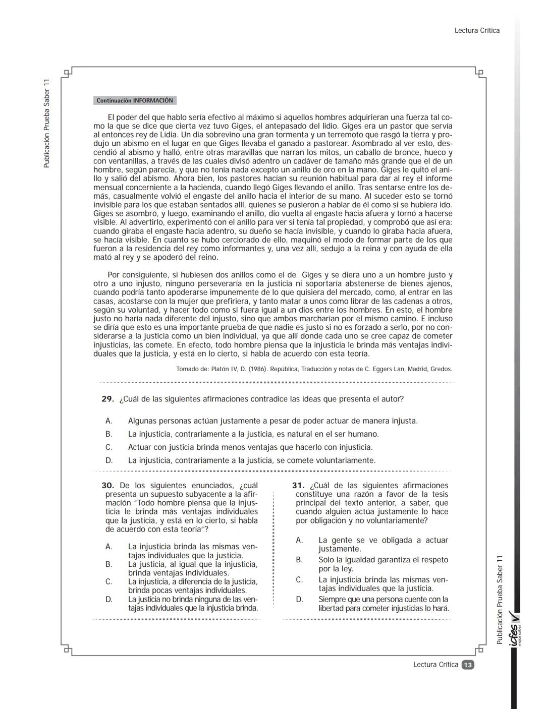 icfes V
saber 11°
CUADERNILLO
DE PREGUNTAS
SABER 11° 2016
Cuadernillo de prueba
Ejemplo de preguntas
11° grado Presidente de la República
Ju