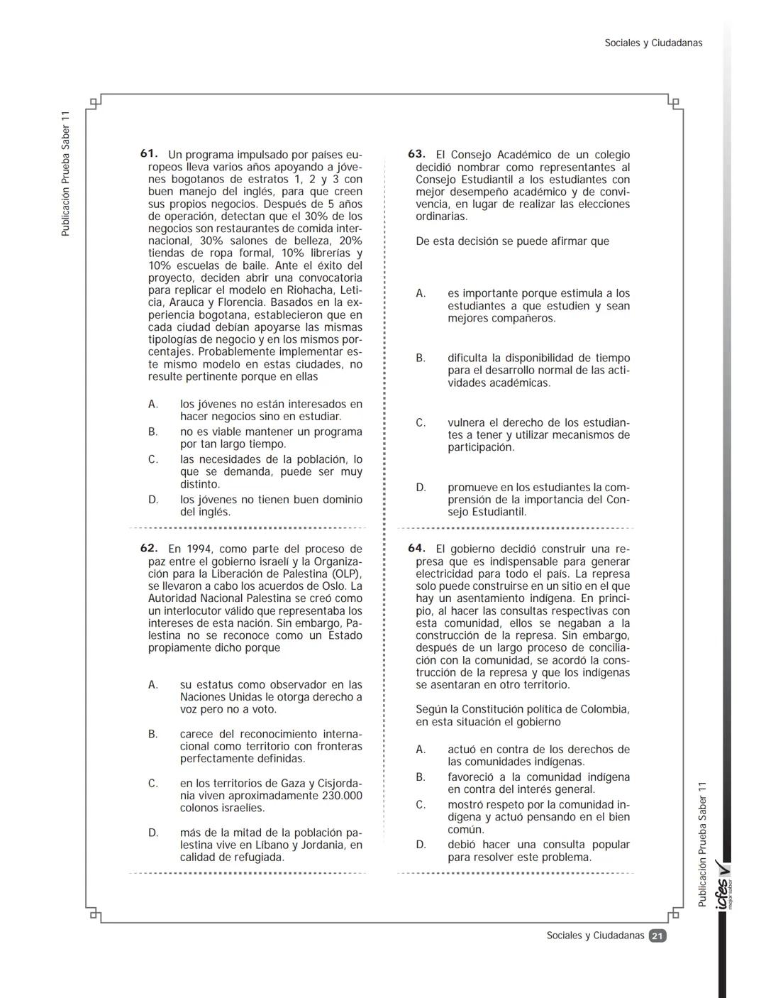 icfes V
saber 11°
CUADERNILLO
DE PREGUNTAS
SABER 11° 2016
Cuadernillo de prueba
Ejemplo de preguntas
11° grado Presidente de la República
Ju