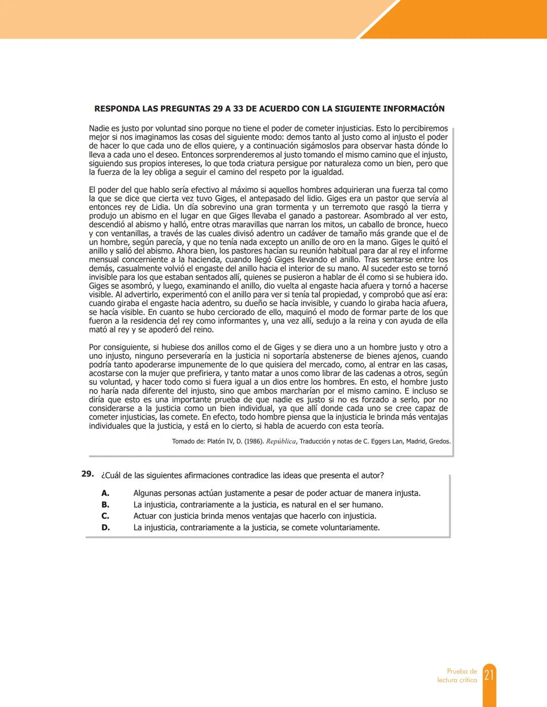 Cuadernillo de preguntas
Saber 11.°
Prueba de lectura crítica
icfes
saber 11.°
GOBIERNO
DE COLOMBIA
MINEDUCACIÓN icfes
mejor saber President