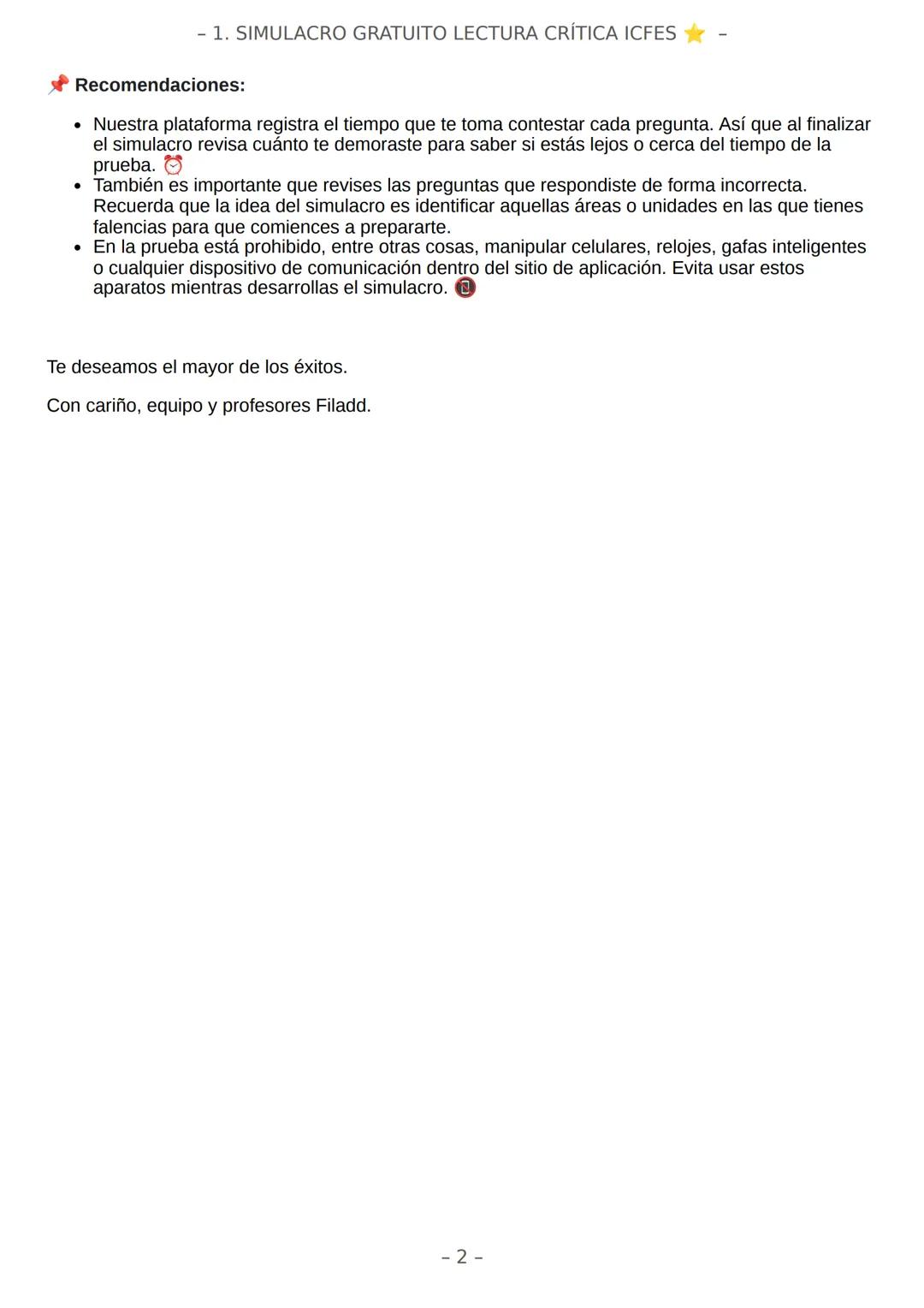 # SIMULACRO FILADD
filadd - 1. SIMULACRO GRATUITO LECTURA CRÍTICA ICFES
Recomendaciones:
* Nuestra plataforma registra el tiempo que te t