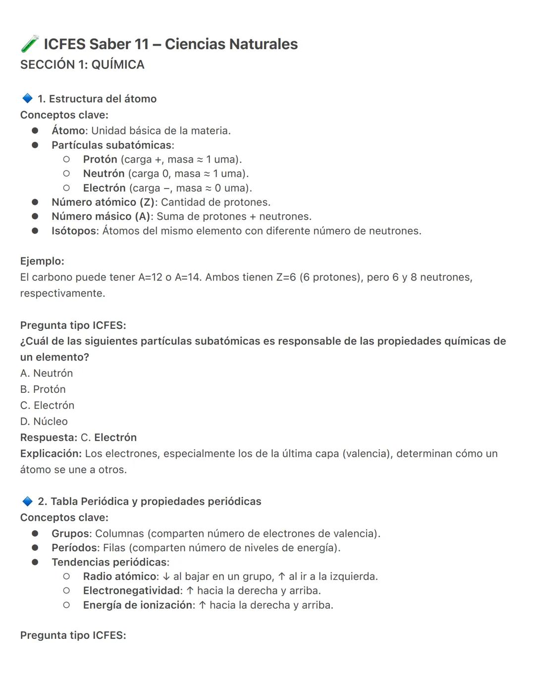 ICFES Saber 11 - Ciencias Naturales
SECCIÓN 1: QUÍMICA
1. Estructura del átomo
Conceptos clave:
Átomo: Unidad básica de la materia.
Partícul