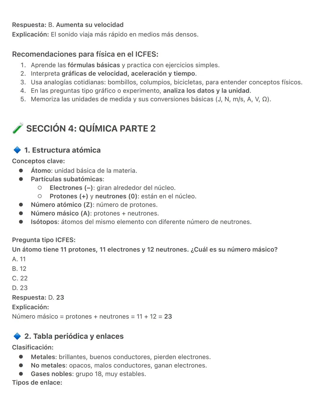 ICFES Saber 11 - Ciencias Naturales
SECCIÓN 1: QUÍMICA
1. Estructura del átomo
Conceptos clave:
Átomo: Unidad básica de la materia.
Partícul