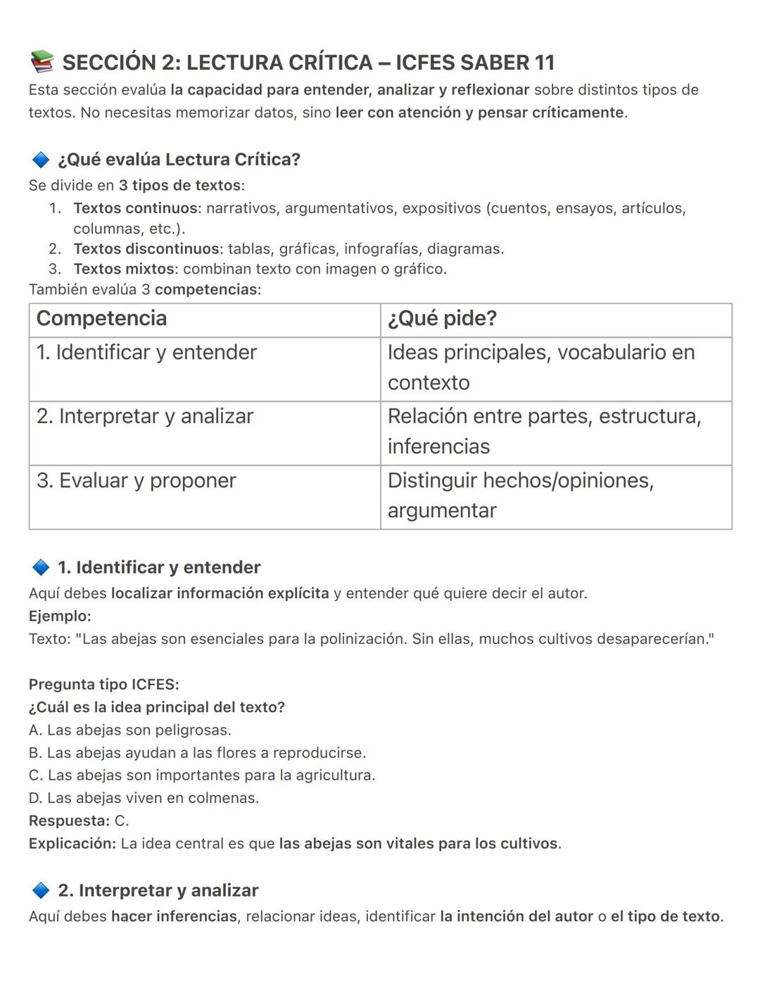 SECCIÓN 2: LECTURA CRÍTICA – ICFES SABER 11
Esta sección evalúa la capacidad para entender, analizar y reflexionar sobre distintos tipos de