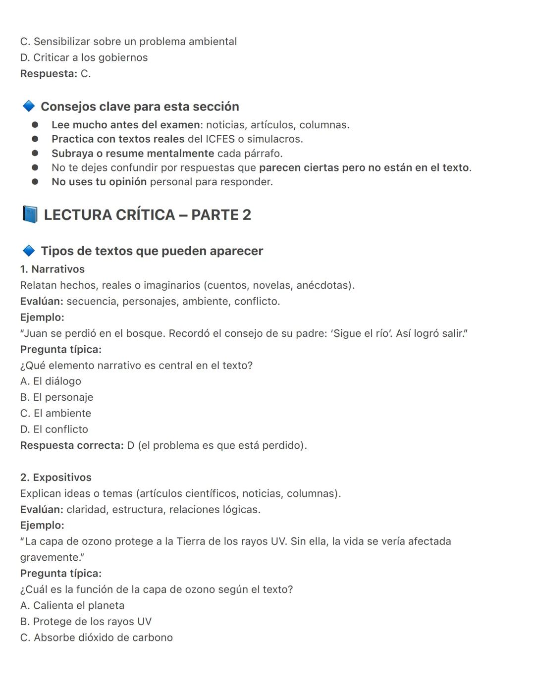 SECCIÓN 2: LECTURA CRÍTICA – ICFES SABER 11
Esta sección evalúa la capacidad para entender, analizar y reflexionar sobre distintos tipos de