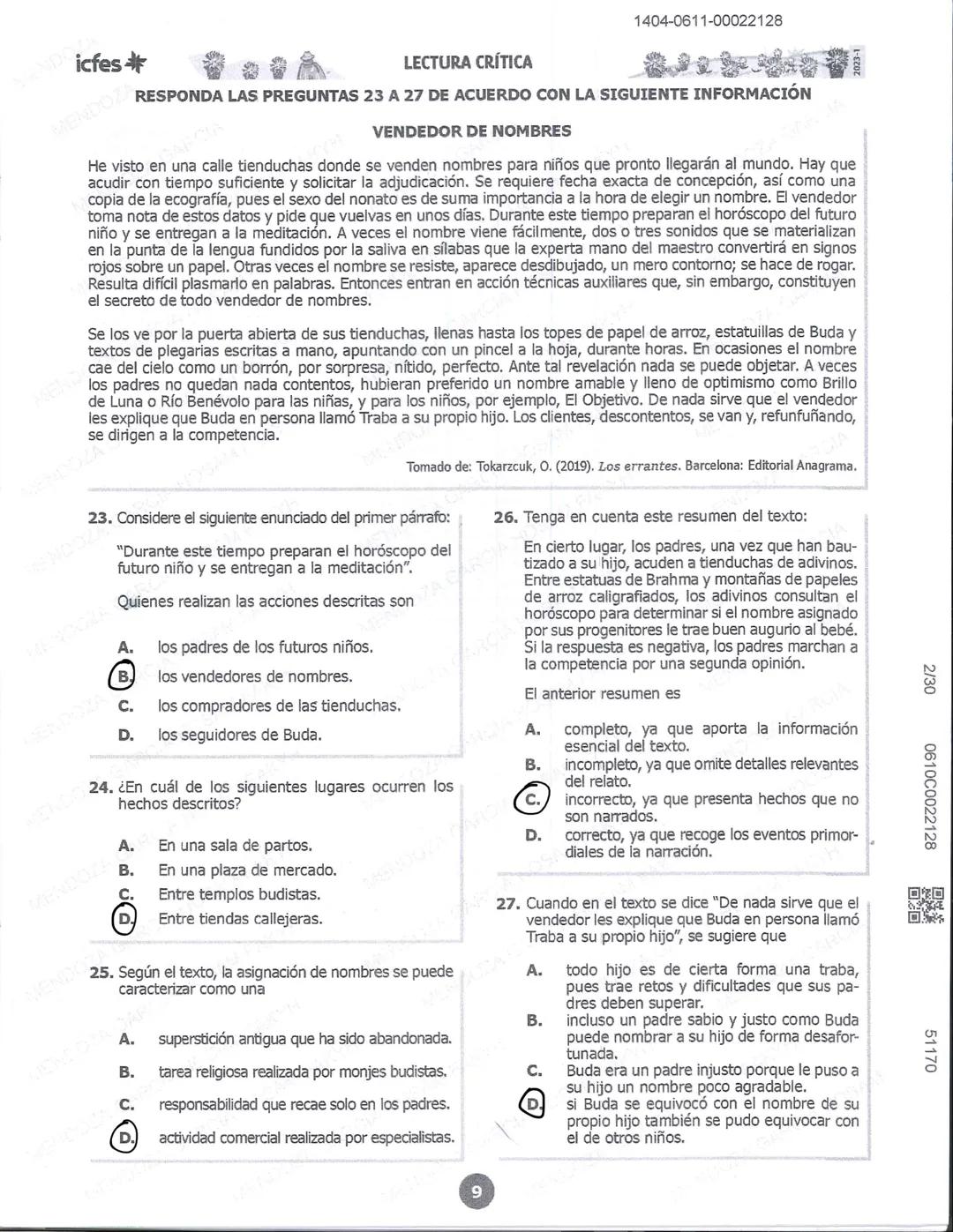 1404-0611-00022128
2/30
0610C0022128
51170
icfes*
LECTURA CRÍTICA
RESPONDA LAS PREGUNTAS 23 A 27 DE ACUERDO CON LA SIGUIENTE INFORMACIÓN
VEN