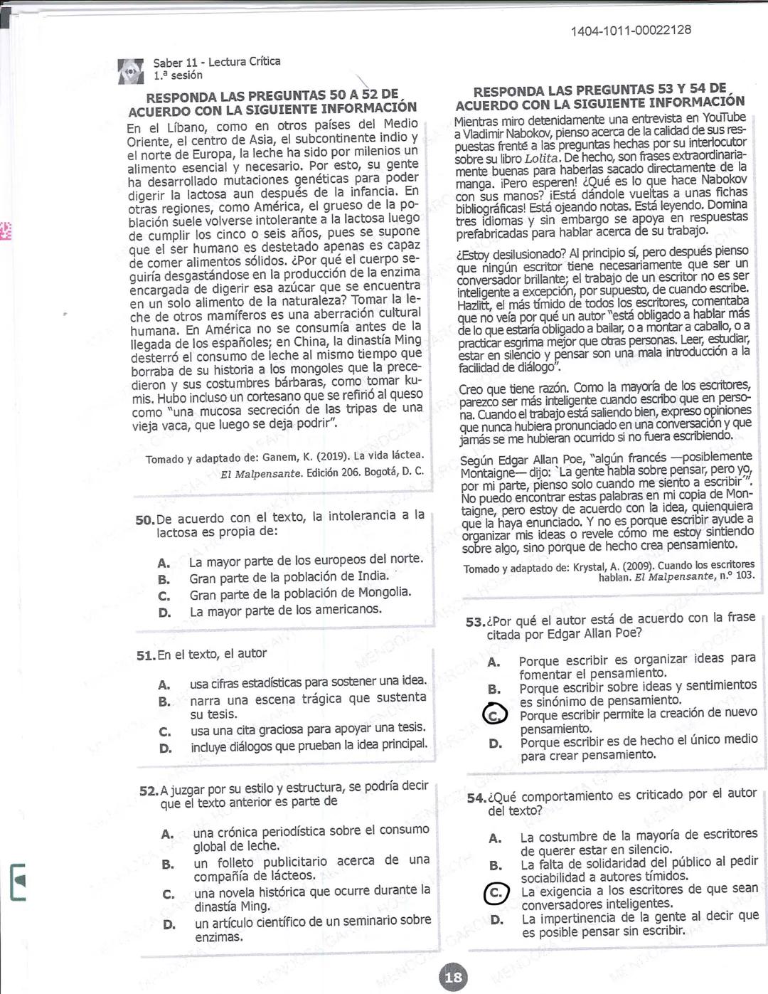 1404-0611-00022128
2/30
0610C0022128
51170
icfes*
LECTURA CRÍTICA
RESPONDA LAS PREGUNTAS 23 A 27 DE ACUERDO CON LA SIGUIENTE INFORMACIÓN
VEN
