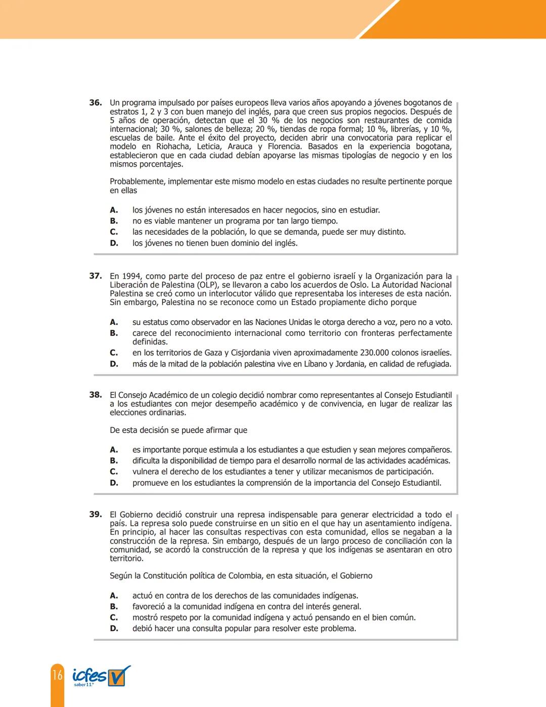 Cuadernillo de preguntas
Saber 11.°
Prueba de sociales y
competencias ciudadanas
icfes
saber 11.°
GOBIERNO
DE COLOMBIA
MINEDUCACIÓN icfes
me