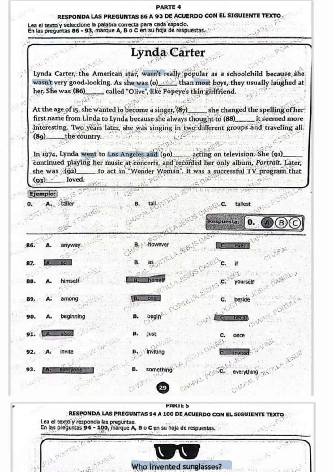 PARTE 4
RESPONDA LAS PREGUNTAS 86 A 93 DE ACUERDO CON EL SIGUIENTE TEXTO
Lea el texto, y seleccione la palabra correcta para cada espacio.
E