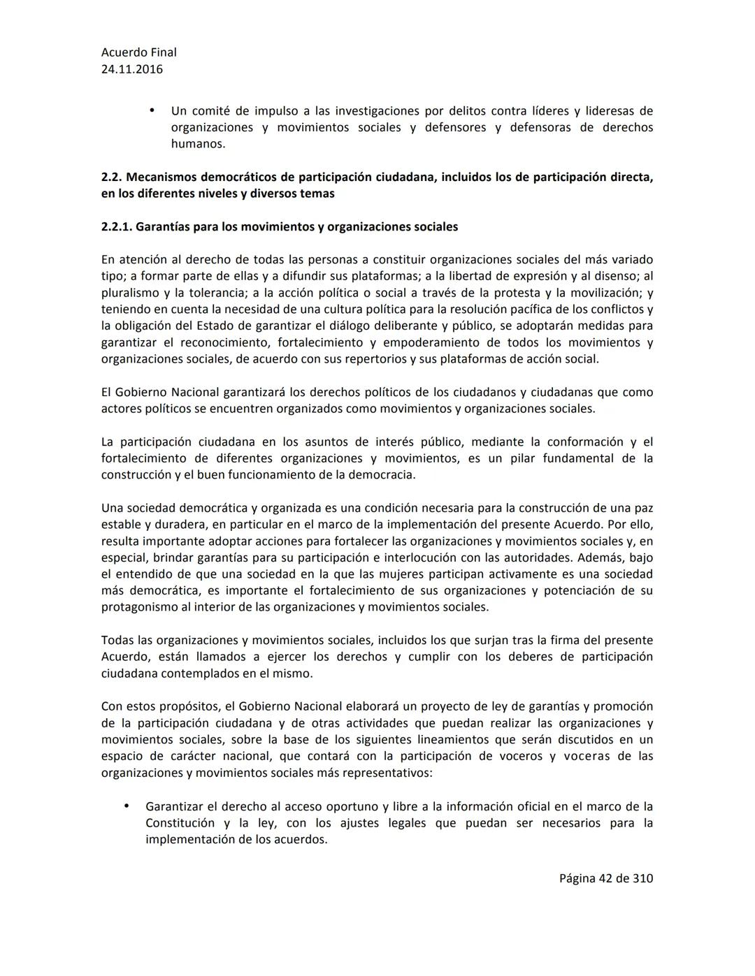Acuerdo Final
24.11.2016
ACUERDO FINAL PARA LA TERMINACIÓN DEL CONFLICTO Y LA CONSTRUCCIÓN DE UNA PAZ
ESTABLE Y DURADERA
PREÁMBULO
Recordand