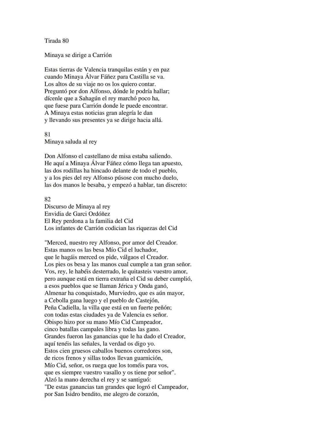 CANTAR DE MIO CID EN CASTELLANO MODERNO
Tirada 1
1.
El Cid convoca a sus vasallos; éstos se destierran con él.
Adiós del Cid a Vivar.
(Envió