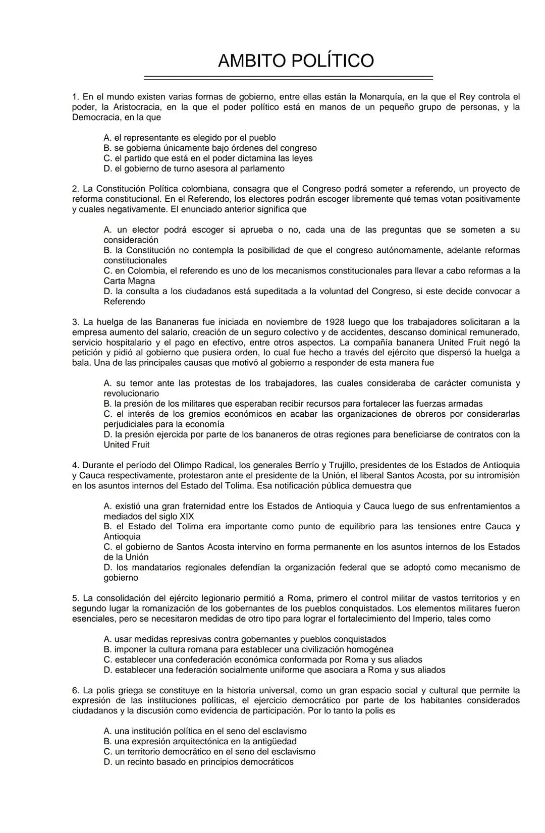 Examen de Estado,
ICFES
Banco de preguntas de historia
Los grupos de preguntas que se incluyen en las pruebas de historia son los
siguientes