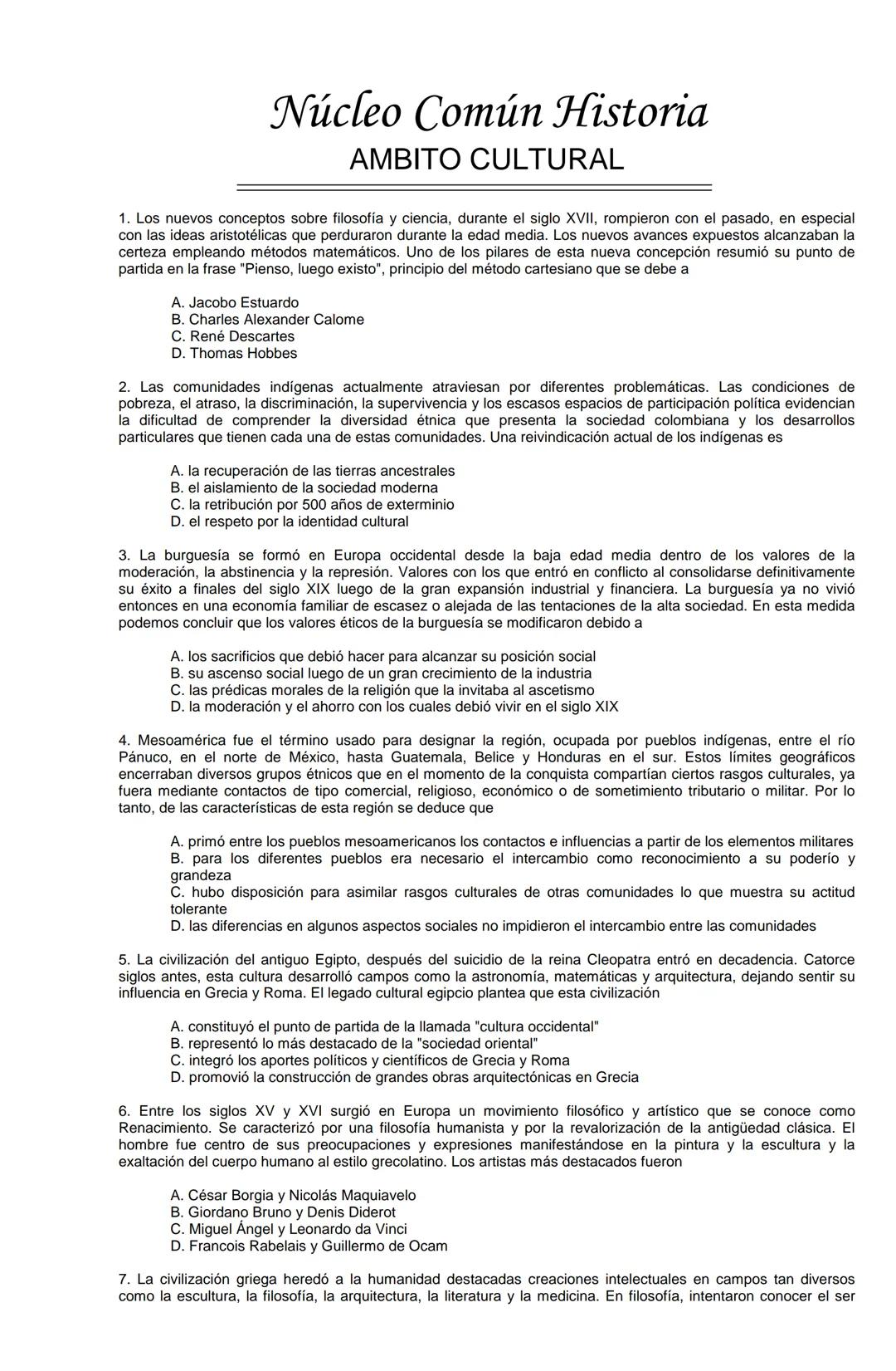 Examen de Estado,
ICFES
Banco de preguntas de historia
Los grupos de preguntas que se incluyen en las pruebas de historia son los
siguientes